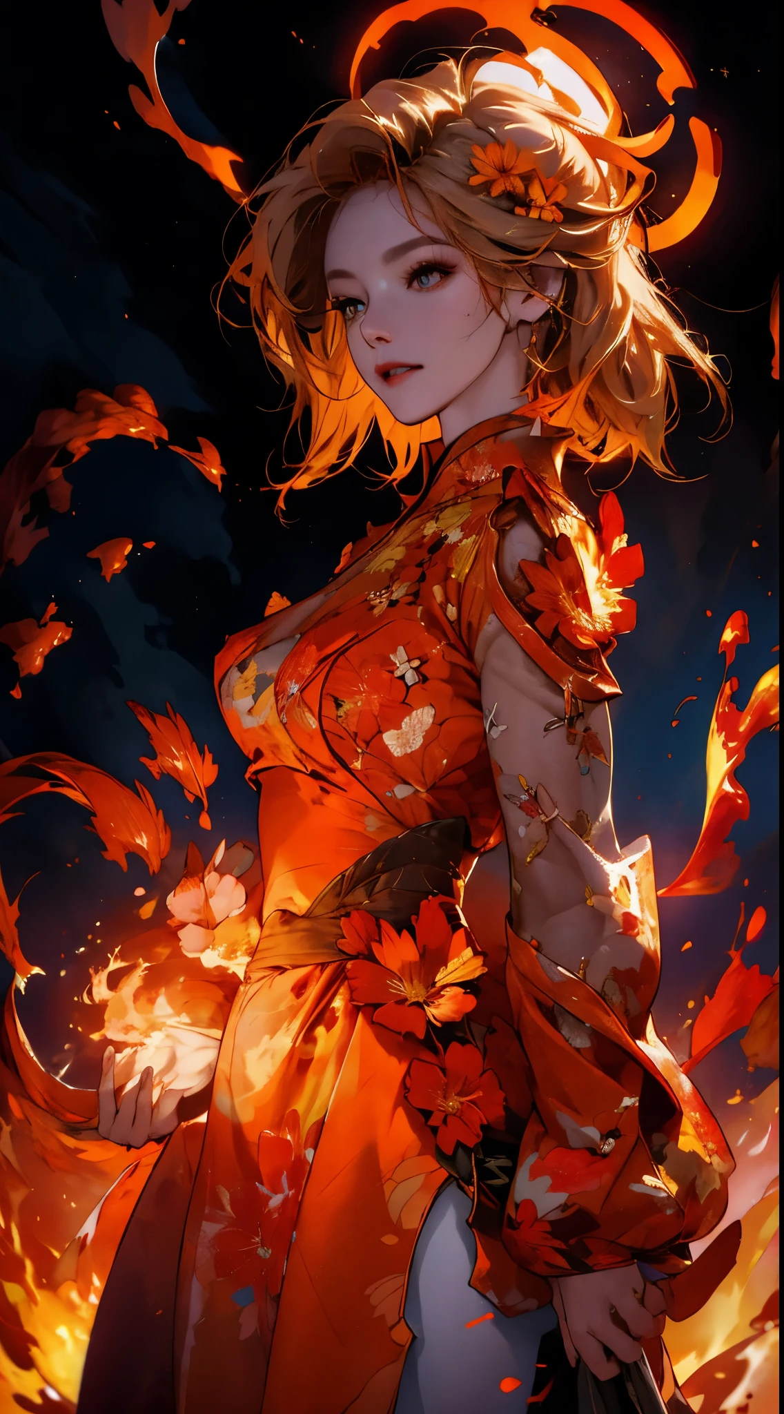 1 girl, By bangs, breathing firey, on fire, burnt clothes, ember, ahoge, Beige hair, Colorful hair, firey, firey焰, firey焰剑, (Hand on the hilt), Permanent, long whitr hair,  thermal power, face expressionless, smokes, florals(symbol),  Alone, fireyflorals, the sunset, evening, white florals, Molten rock, lilie (floraliery florals, depth of fields, on fire ,