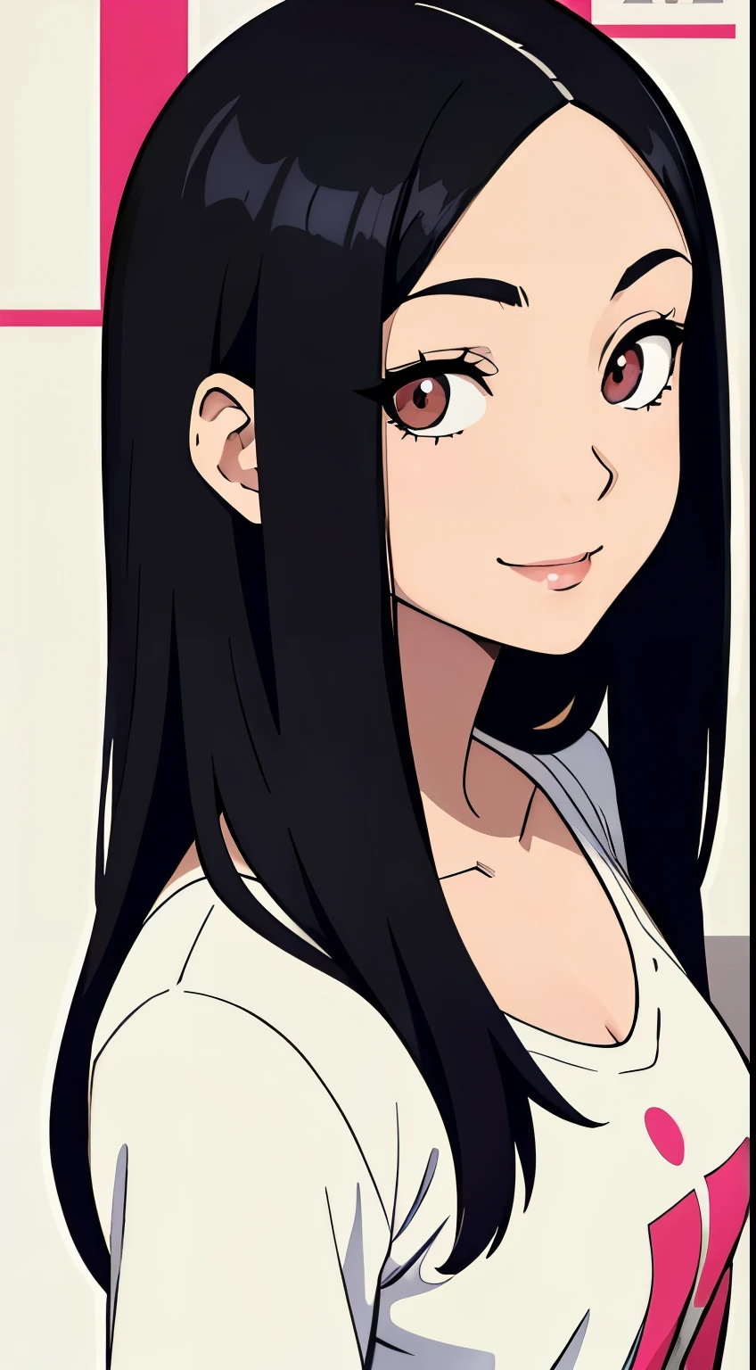One girl with black hair, hair length until bust, straight hair, hair parted in center of head, round face. hairstyle with a center part, that the hair should be parted down the middle, creating a symmetrical look without any frontal hair covering the forehead. Looking straight. Looking straight at viewers. Smiling. Happy. Wearing casual shirt. Straight pose. Frontal view