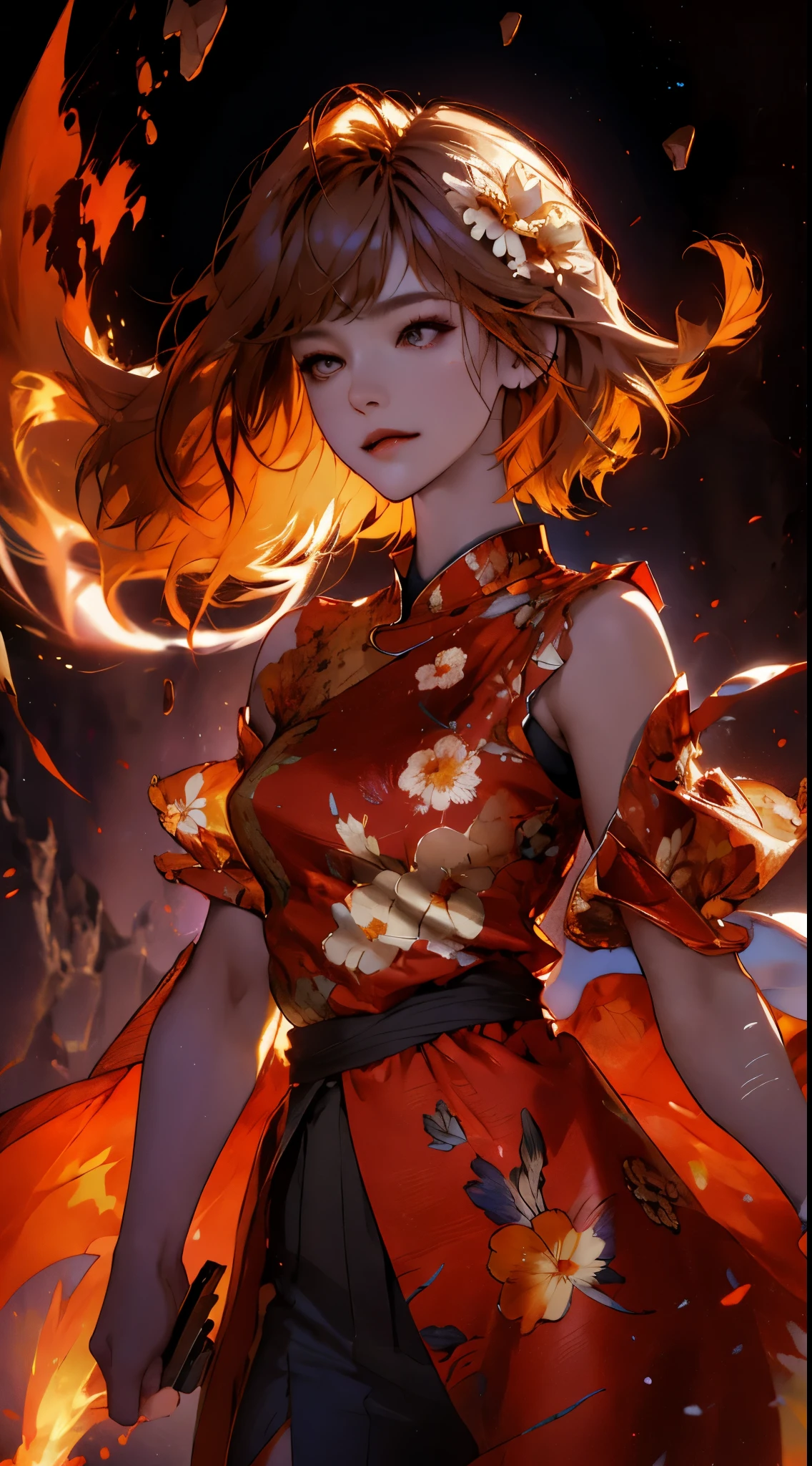 1 girl, By bangs, breathing firey, on fire, burnt clothes, ember, ahoge, Beige hair, Colorful hair, firey, firey焰, firey焰剑, (Hand on the hilt), Permanent, long whitr hair,  thermal power, face expressionless, smokes, florals(symbol),  Alone, fireyflorals, the sunset, evening, white florals, Molten rock, lilie (floraliery florals, depth of fields, on fire ,