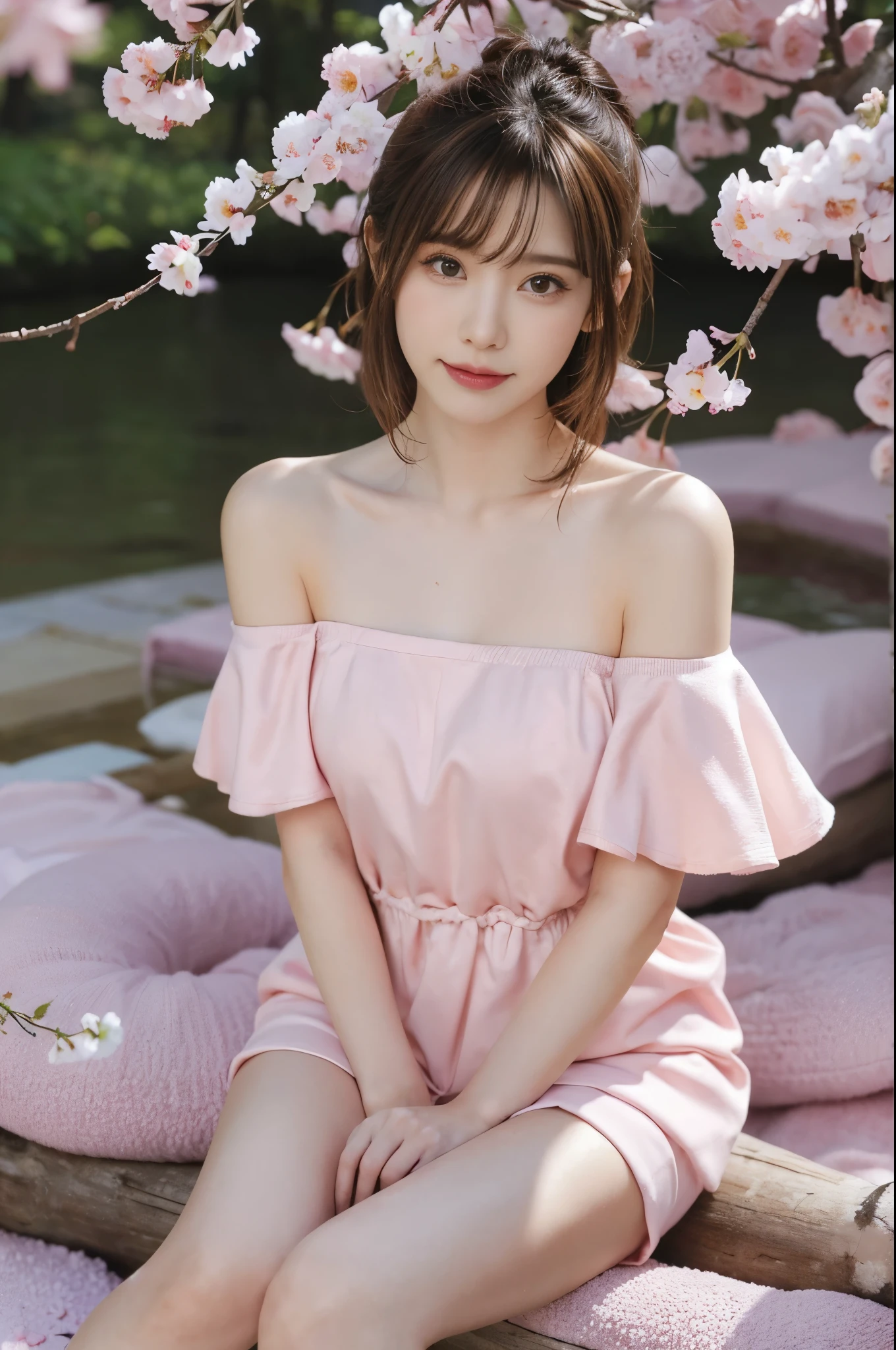 8K,winning artwork,dynamicposes,1 girl,Detailed eye details,looking at the viewer only,ssmile,Brown hair long,perfect body figure,off the shoulder dress,sitting down,perfectly correct anatomy,cherry tree,Background with.cherry tree下的宁静景色, petals gently floating down,like soft pink snow,There are petals on the ground,