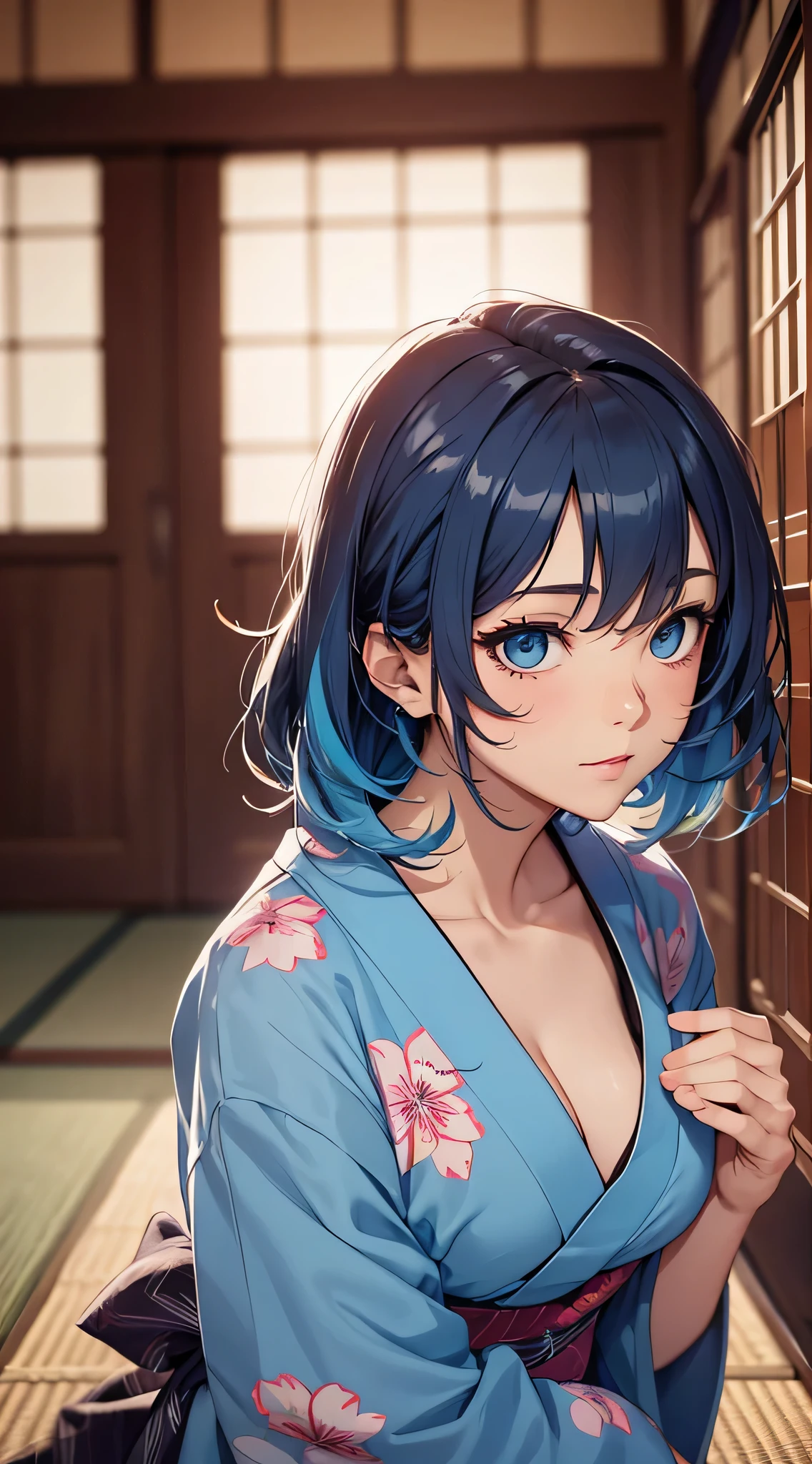 top-quality、Top image quality、masterpiece、s girl((18year old、 Ager、Best Bust、Medium bust,wide open breast tea、light blue eyerest, Black and light blue hair、A slender,Large valleys、dye one's cheeks red、disheveled black yukata、Random movement)),hiquality、Beautiful Art、Background with((Inside the inn、Night Hostel、Ryokan rooms、Tatami mats、window))、masutepiece、depth of fields、movie、