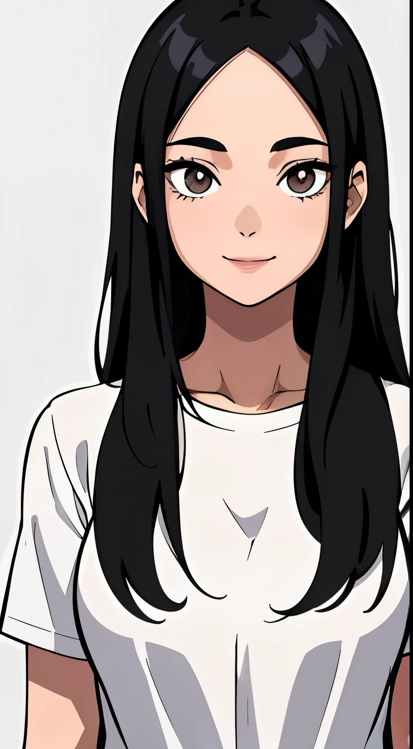 One girl with black hair, hair length until bust, straight hair, hair parted in center of head, round face. hairstyle with a center part, that the hair should be parted down the middle, creating a symmetrical look without any frontal hair covering the forehead. Looking straight. Looking straight at viewers. Smiling. Happy. Wearing casual shirt. Straight pose. Frontal view