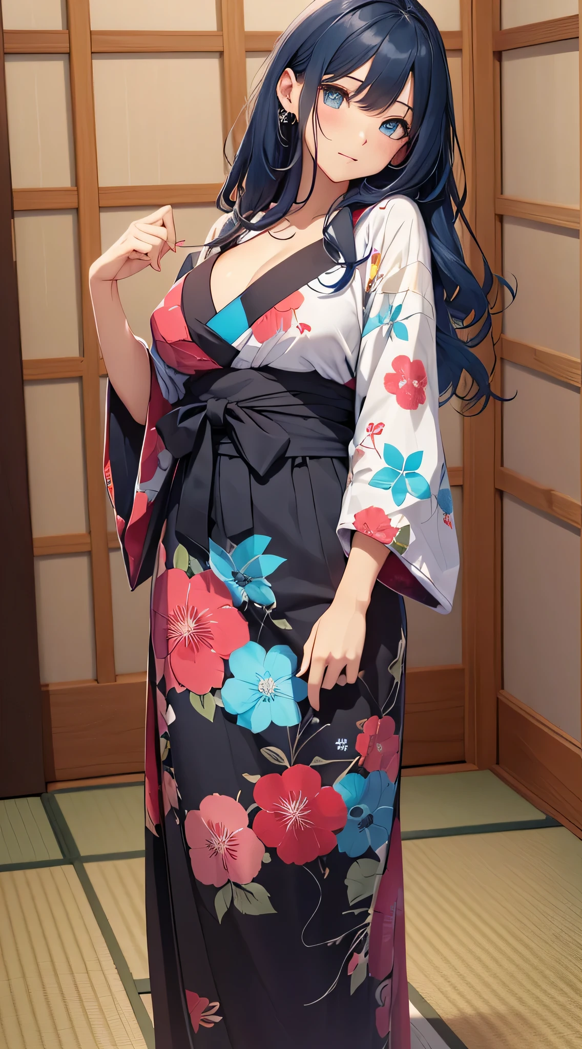 top-quality、Top image quality、​masterpiece、s girl((18year old、 Ager、Best Bust、Medium bust,wide open breast tea、light blue eyerest, Black and light blue hair、A slender,Large valleys、dye one's cheeks red、disheveled black yukata、Random movement)),hiquality、Beautiful Art、Background with((Inside the inn、Night Hostel、Ryokan rooms、Tatami mats、window))、masutepiece、depth of fields、movie、