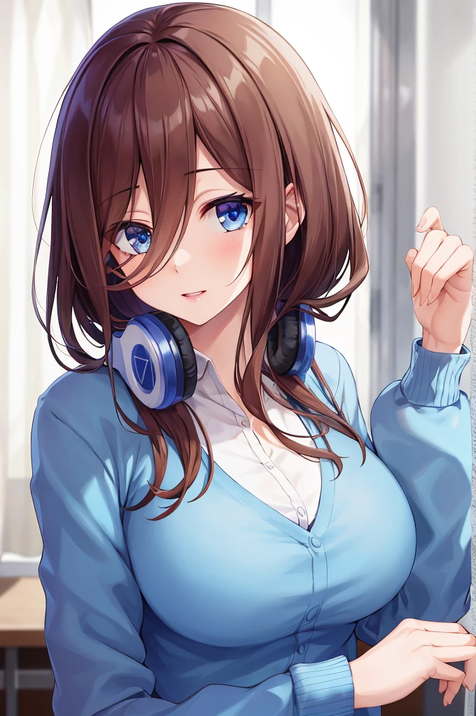 absurdres, best quality, 1girl, solo, eye focus, looking at viewer, Miku, Blue Cardigan, brown hair