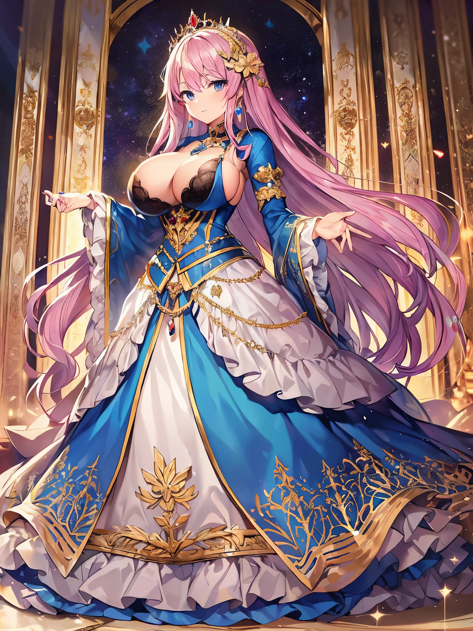 ((anime artstyle)),(Masterpiece),(Best Quality), (Super Detail),((Very Delicate and Beautiful)),(((Solo))),((full body)),(((1 princess in beautiful embroidery and jeweled gorgeous princess rococo ballgown with voluminous full length hoop skirt))),((crinoline)),Long train,((bling-bling)),(gorgeousfull embroidery and lace),(gorgeous gemstone jewelry),detailed face and eyes,jewel-like eyes,((extremely voluminous straight Hair,Very Long Straight Hair)),(((gigantic boobs))),cleavage,gorgeousfull hair ornament,((gorgeousfull glitter jeweled tiara)),throne room,(standing in castle),luxury palace,Dynamic Angle,Looking at viewer,((beautiful embroidery and jeweled gorgeous princess rococo ballgown with voluminous full length hoop skirt)),full body