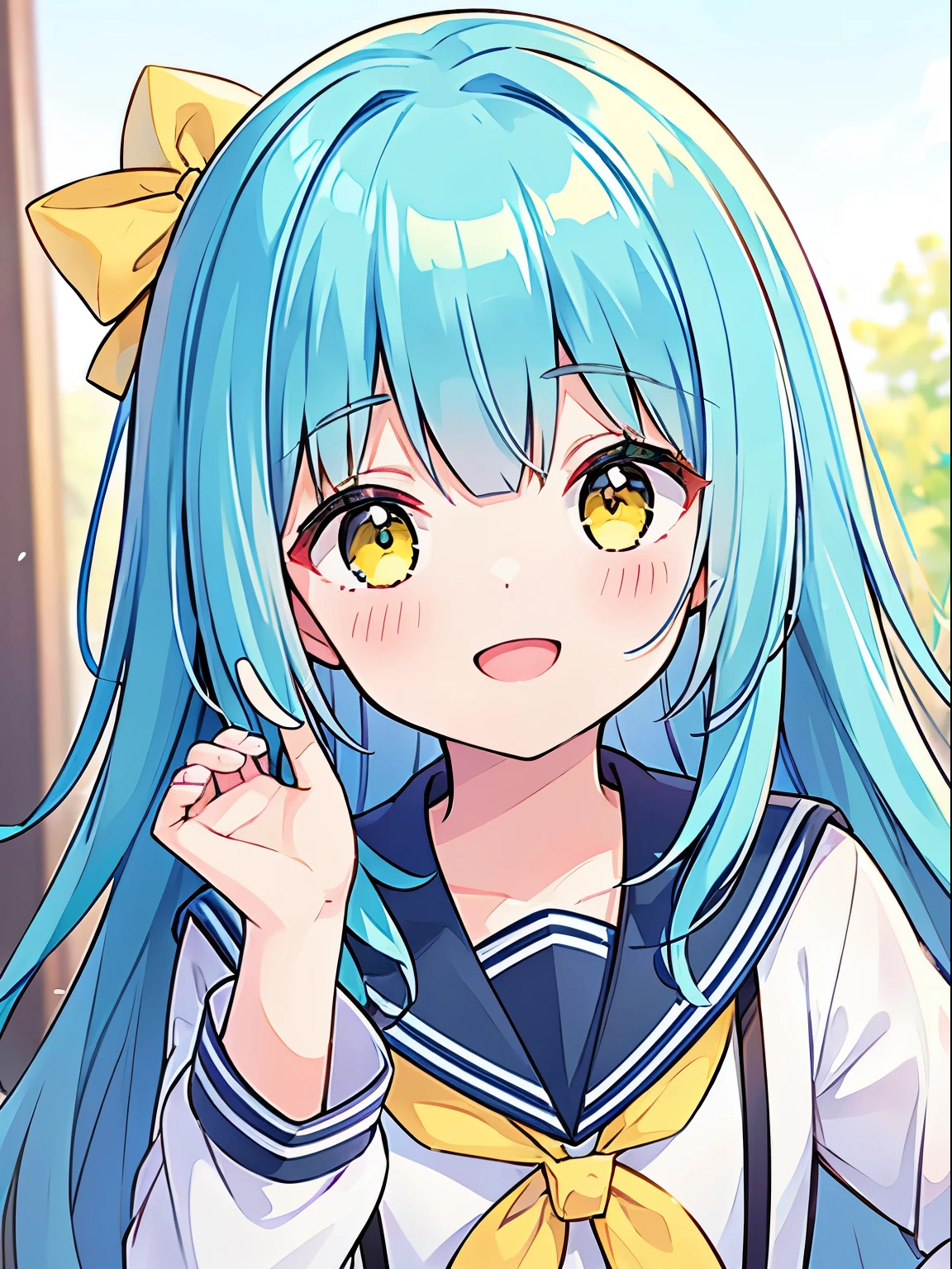 (high quality), (masterpiece), 1 girl, young girl, neat bangs, long hair, curly hair, ((cyan color hair)), ((yellow color eyes)), cute face, happy, smiling, wearing a white school uniform, weaing a sailor suits