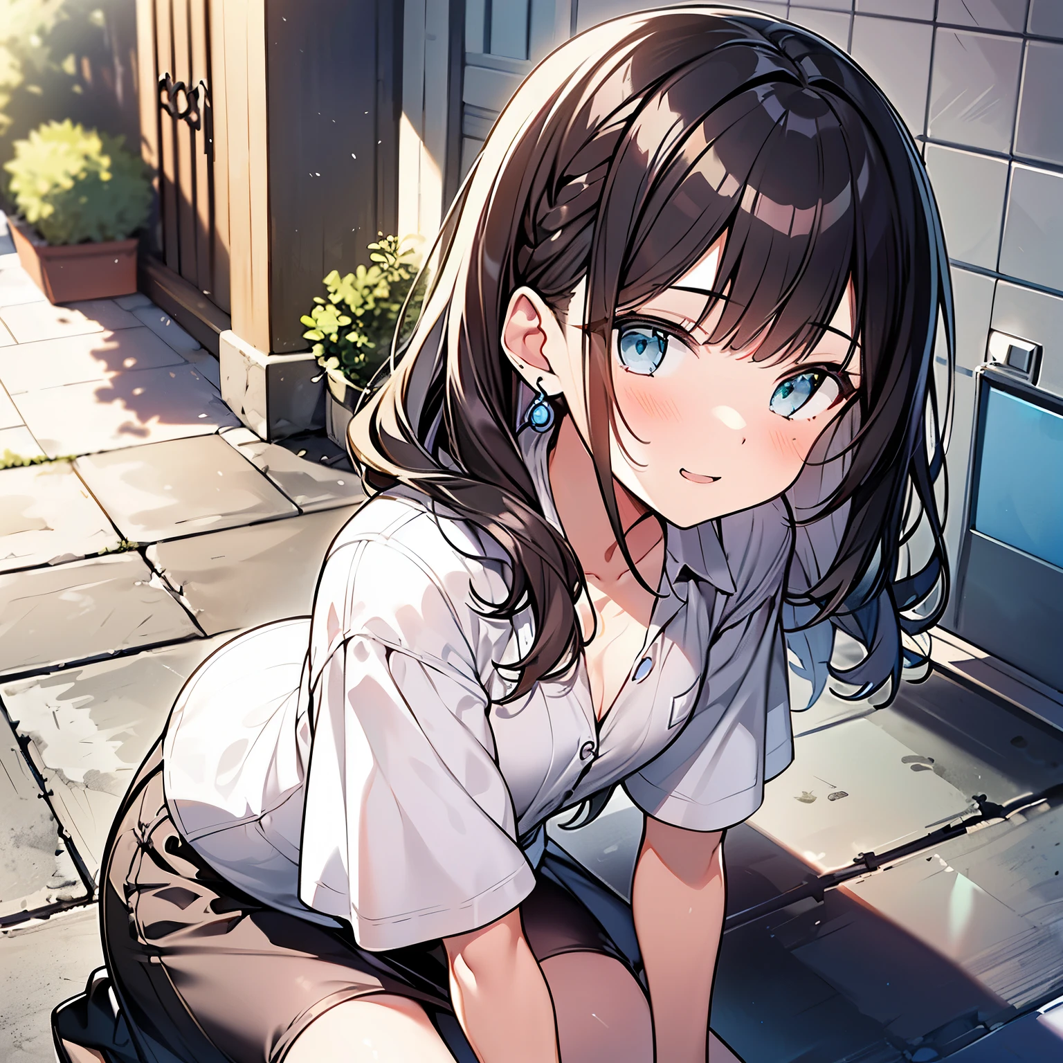 (21 years old girl, wavy long hair, dark brown hair colour, blunt bangs, blue eyes, top-quality、32K image quality、masterpiece、nffsw:1.2)、a cute loli、Medium short hair、short braiding、beauitful face、(Slouched:1.3)、at the sunset、crouching down、(From above:1.3)、(a closeup:1.4)、small curvy loli、((You can see the chest))、Bust Up Perspective、Loose baggy big shirt、(beautiful nipple slips:0.9)、outside of house、the wind、shinny skin、blurry backround