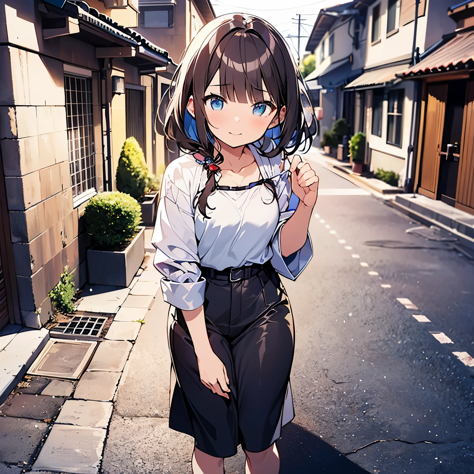 (21 years old girl, wavy long hair, dark brown hair colour, blunt bangs, blue eyes, top-quality、32K image quality、masterpiece、nffsw:1.2)、a cute 、Medium short hair、short braiding、beauitful face、(Slouched:1.3)、at the sunset、crouching down、(From above:1.3)、(a closeup:1.4)、small curvy loliou can see the chest))、Bust Up Perspective、Loose baggy big shirt、(beautiful nipple slips:0.9)、outside of house、the wind、shinny skin、blurry backround