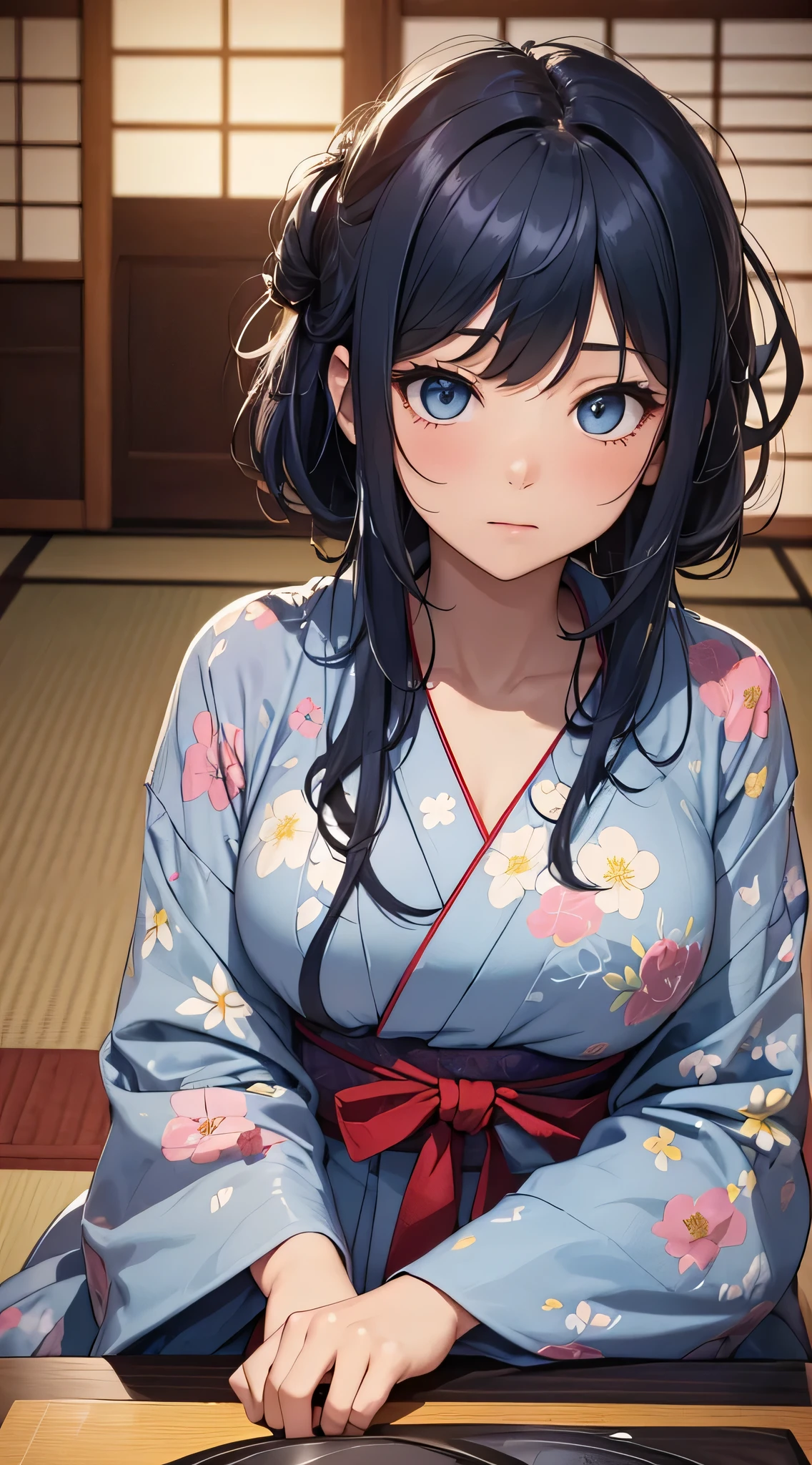 top-quality、Top image quality、masterpiece、s girl((18year old、 Ager、Best Bust、Medium bust,wide open breast tea、light blue eyerest, Black and light blue hair、A slender,Large valleys、dye one's cheeks red、disheveled black yukata、Sit up、Being drunk、Sakeを持つ)),hiquality、Beautiful Art、Background with((Ryokans in Japan、Night Hostel、Ryokan rooms、Tatami mats、The table、Sake))、masutepiece、depth of fields、movie、