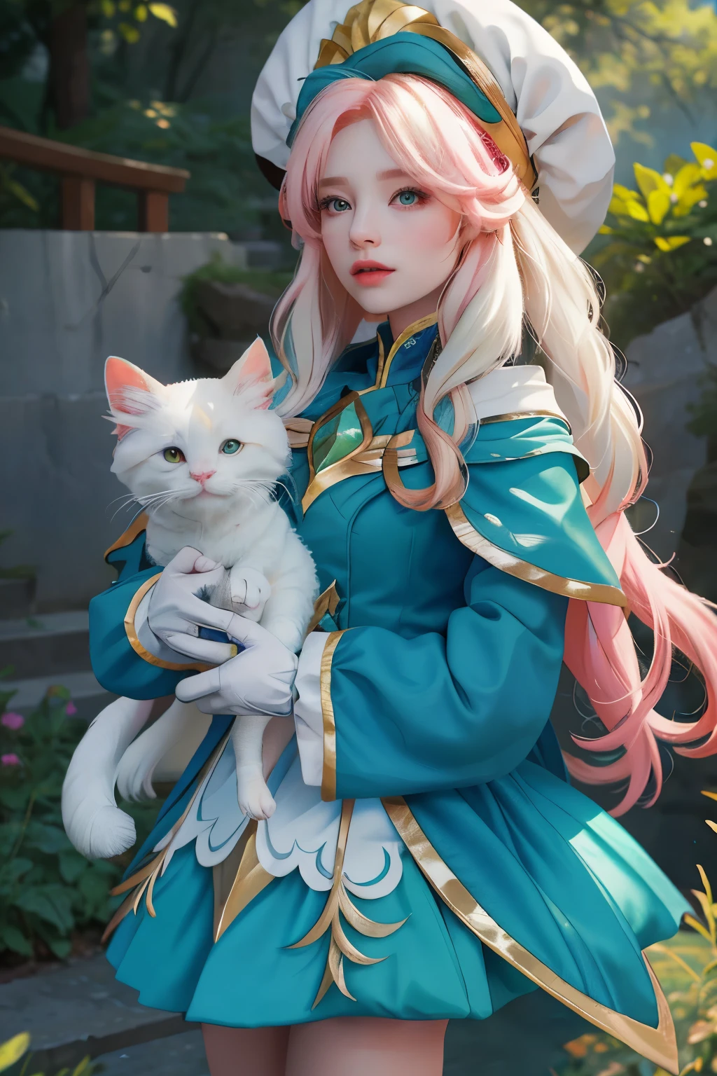 cloak, ((big breasts)), 1girl, solo, long hair, looking at viewer, open mouth, skirt, blonde hair, gloves, long sleeves, hat, very long hair, green eyes, full body, outdoors, A charming young girl with flowing pink hair sits atop a hill near a breathtaking waterfall. She is adorned in a fluffy pink dress and cute cat ears, while holding a small white furry cat in her arms. Her face exudes pure cuteness, and against the backdrop of a vibrant blue sky and a gentle fog, she radiates an aura of innocence and serenity. This stunning image, whether captured in a photograph or painted with meticulous detail, seamlessly combines elements of whimsy, tranquility, and artistic prowess, creating an enchanting masterpiece that captivates viewers with its impeccable quality.