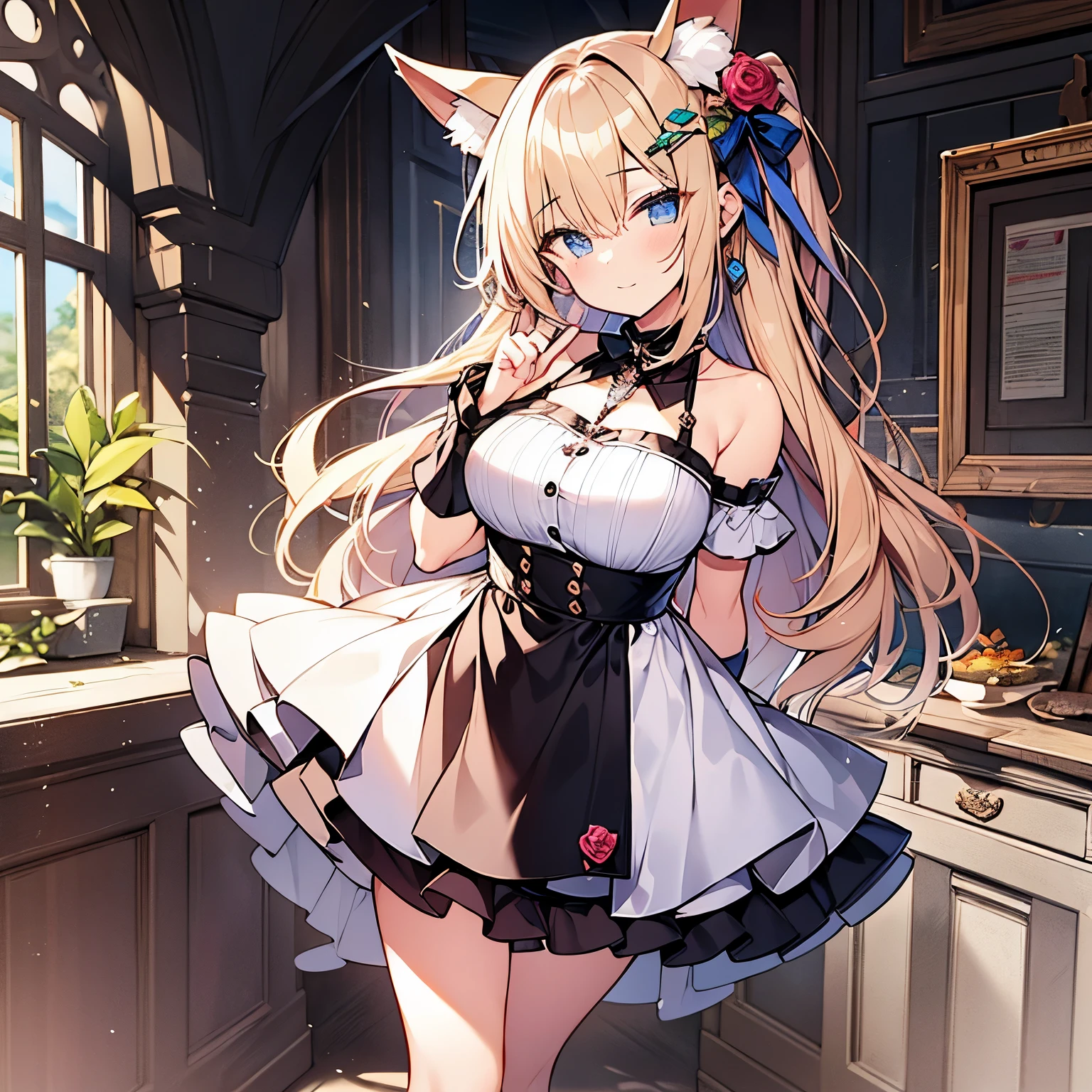 21 years old girl, wavy long hair, dark brown hair colour, blunt bangs, blue eyes, ((masterpiece, best quality)), a maiden, standing full body, main view, blonde hair, double ponytail, pink eyes, bangs between the eyes, fox ears, black, white and rose clothing, clothing style: tutu, leg straps, hair ornaments are bows, crystal pendants, high heels, white silk
