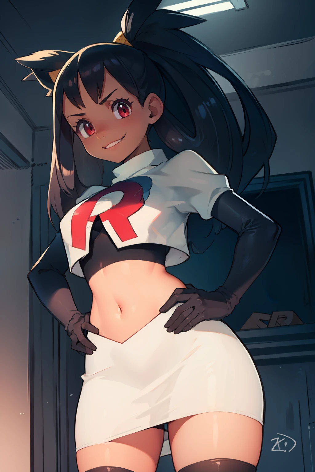irisa, dark skin, glossy lips ,team rocket,team rocket uniform, red letter R, white skirt,white crop top,black thigh-high boots, black elbow gloves , looking at viewer, evil smile, hands on hips