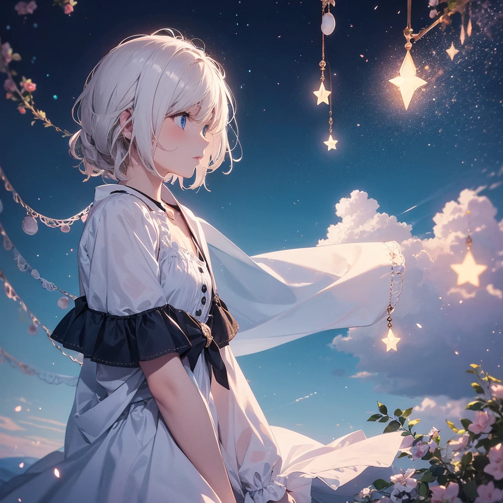 White hair, blue eyes, watercolor painting, sad, beautiful, starry sky, girl, alone, looking up