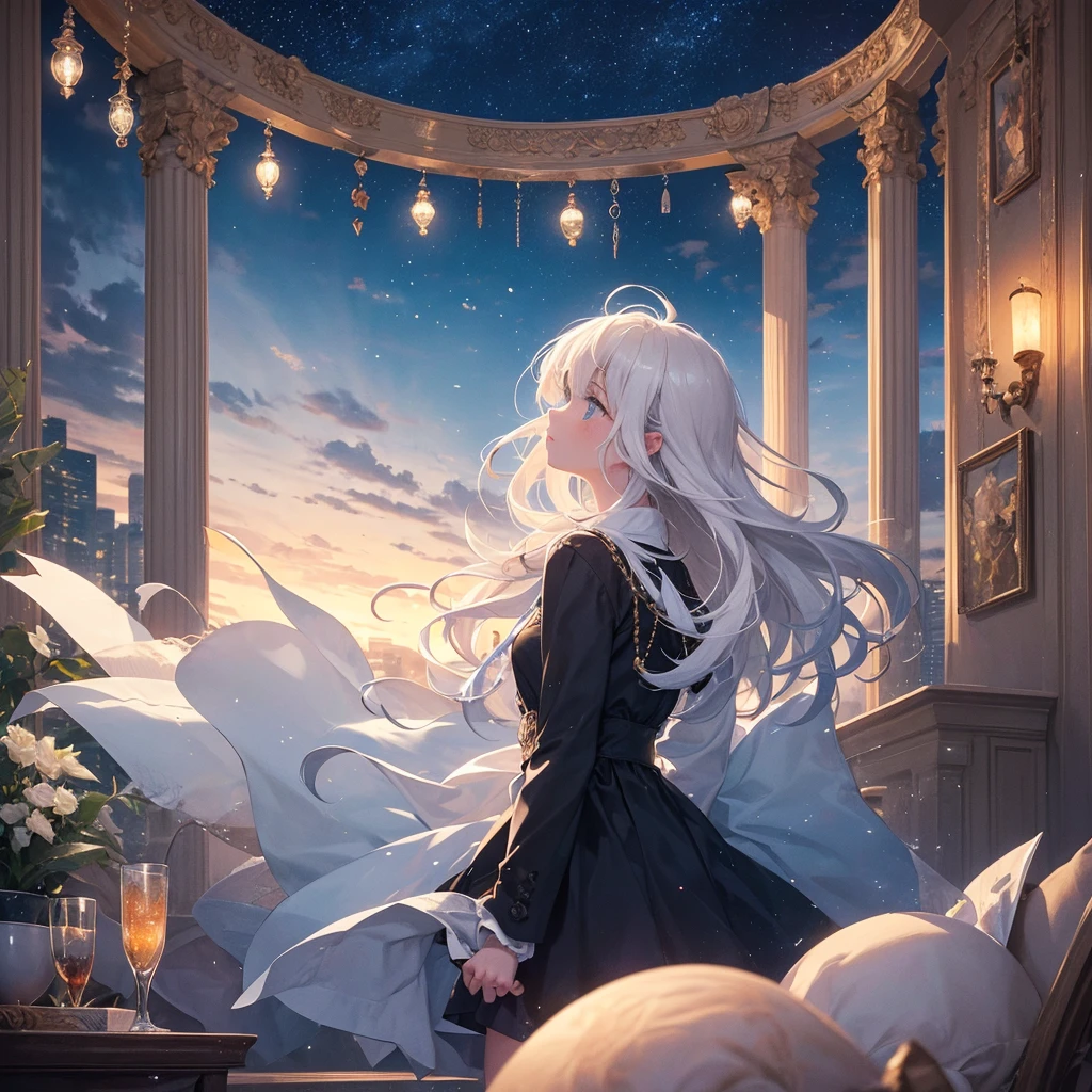 White hair, blue eyes, watercolor painting, sad, beautiful, starry sky, girl, alone, looking up