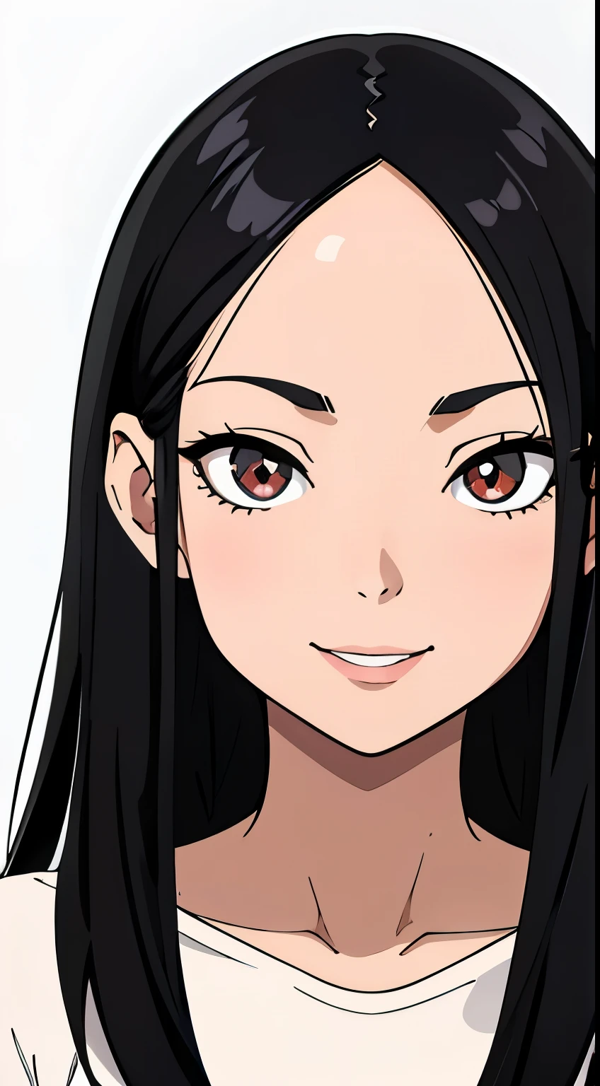 One girl with black hair, hair length until bust, straight hair, hair parted in center of head, round face. hairstyle with a center part, that the hair should be parted down the middle, creating a symmetrical look without any frontal hair covering the forehead. Looking straight. Looking straight at viewers. Smiling. Happy. Wearing casual shirt. Straight pose. Frontal view