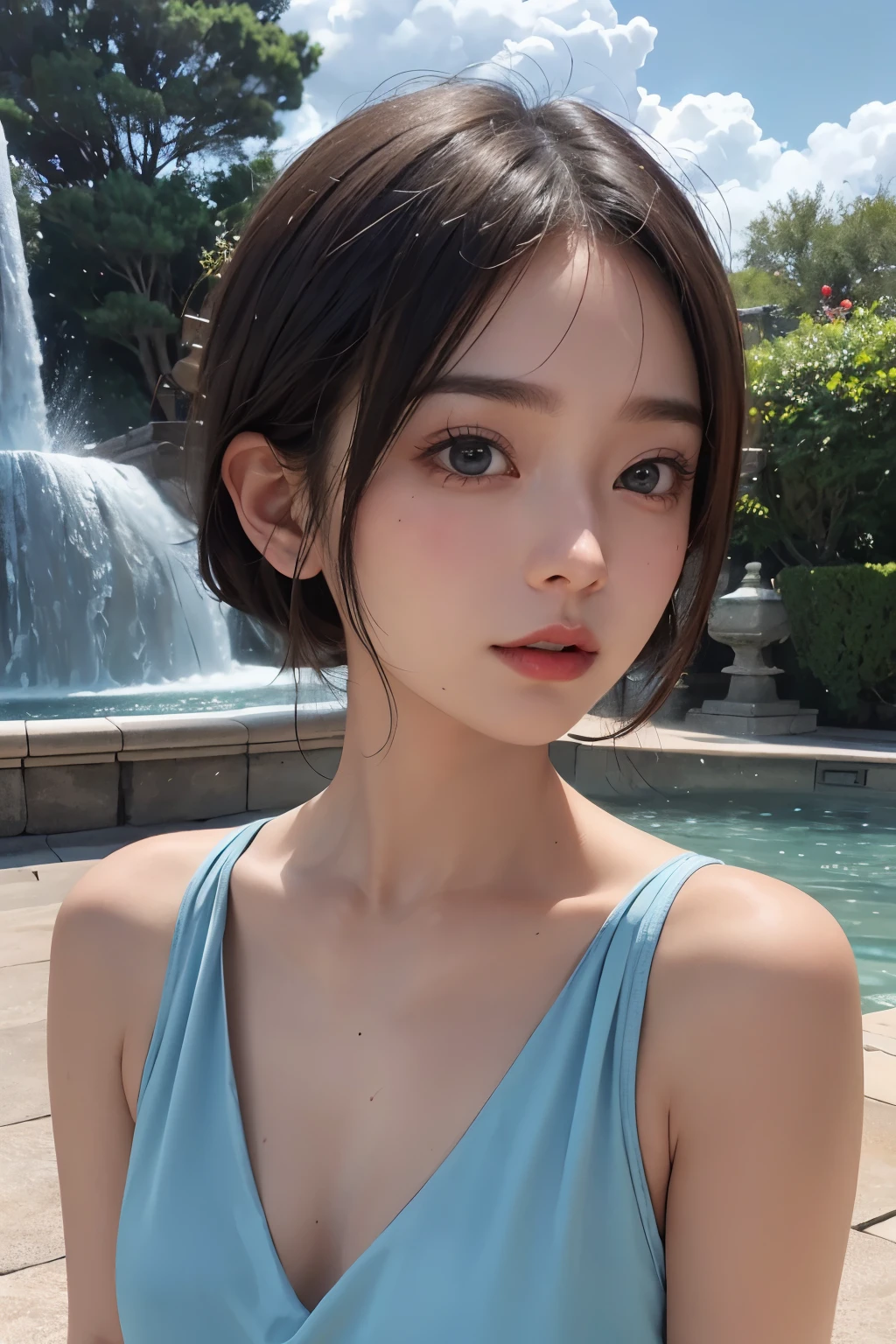 top-quality、​masterpiece、超A high resolution、Raw photography、(Photorealsitic:1.4)、***1人、A detailed face、eyes are brown、Fountains in the park、Light blue dress、provocative wink、The moment you turn around、Wacky angles、short-haired、Beautiful Japan actress、sakimichan、cinematric light， realisticlying，best qualtiy， Complex CG，Highly detailed face，High detail eyes，