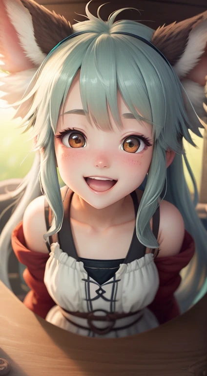 「With a blissful smile of ecstasy、Focus on the upper body、open mouth and look up at the viewer、Highly detailed CG illustration of one girl viewed from above in a dynamic angle。Art style is「made in abyss」Reminds me of Nanachi from、Features sharp focus and thin contours。」hedgehog girl