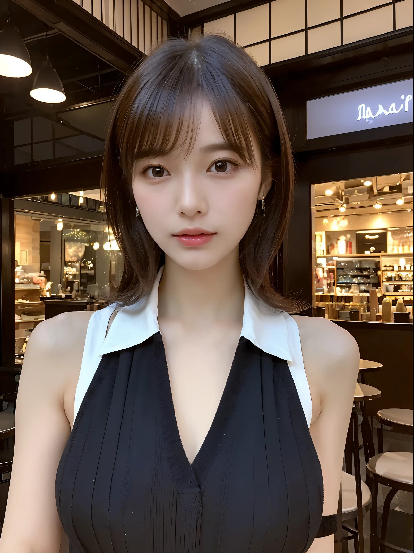 (The ultra -The high-definition:1.5)(ultra-detailliert:1.3) (ultra-quality) (An ultra-high picture quality:1.5) (rialistic photo:1.3) A Japanese Lady　21years old　((detailed and beautiful faces:1.3)) ((realistic skin textures:1.3)) ((Detailed and high quality eyes:1.3)) ((Detailed and high quality ears)) ((Beautiful, very fair and transparent skin:1.3)) ((Beautifully groomed straight short bob hair))Complete body　beautiful proportion　(Thin sleeveless shirt in fabric)　long gathered skirt　The background is the inside of a cafe at dusk.　Beautiful, luxurious and stylish store　((Looking at the viewer erotically:1.3)) Wet lips ajar　 huge tit　Beautiful high-definition image quality