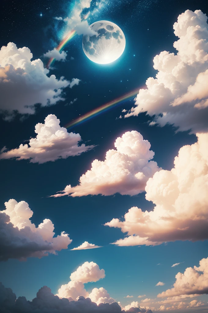 sky, daytime, moon shining, rainbow sky, glow in the air, dreamy landscape, clouds, love and light in the air
