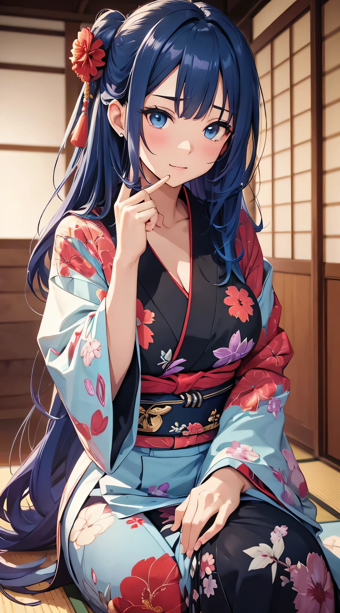 top-quality、Top image quality、masterpiece、s girl((18year old、 Ager、Best Bust、Medium bust,wide open breast tea、light blue eyerest, Black and light blue hair、A slender,Large valleys、dye one's cheeks red、disheveled black yukata、Sit up、Being drunk、Bright red in the face、Disturbed pose)),hiquality、Beautiful Art、Background with((Ryokans in Japan、Night Hostel、Ryokan rooms、Tatami mats、The table、Sake))、masutepiece、depth of fields、movie、