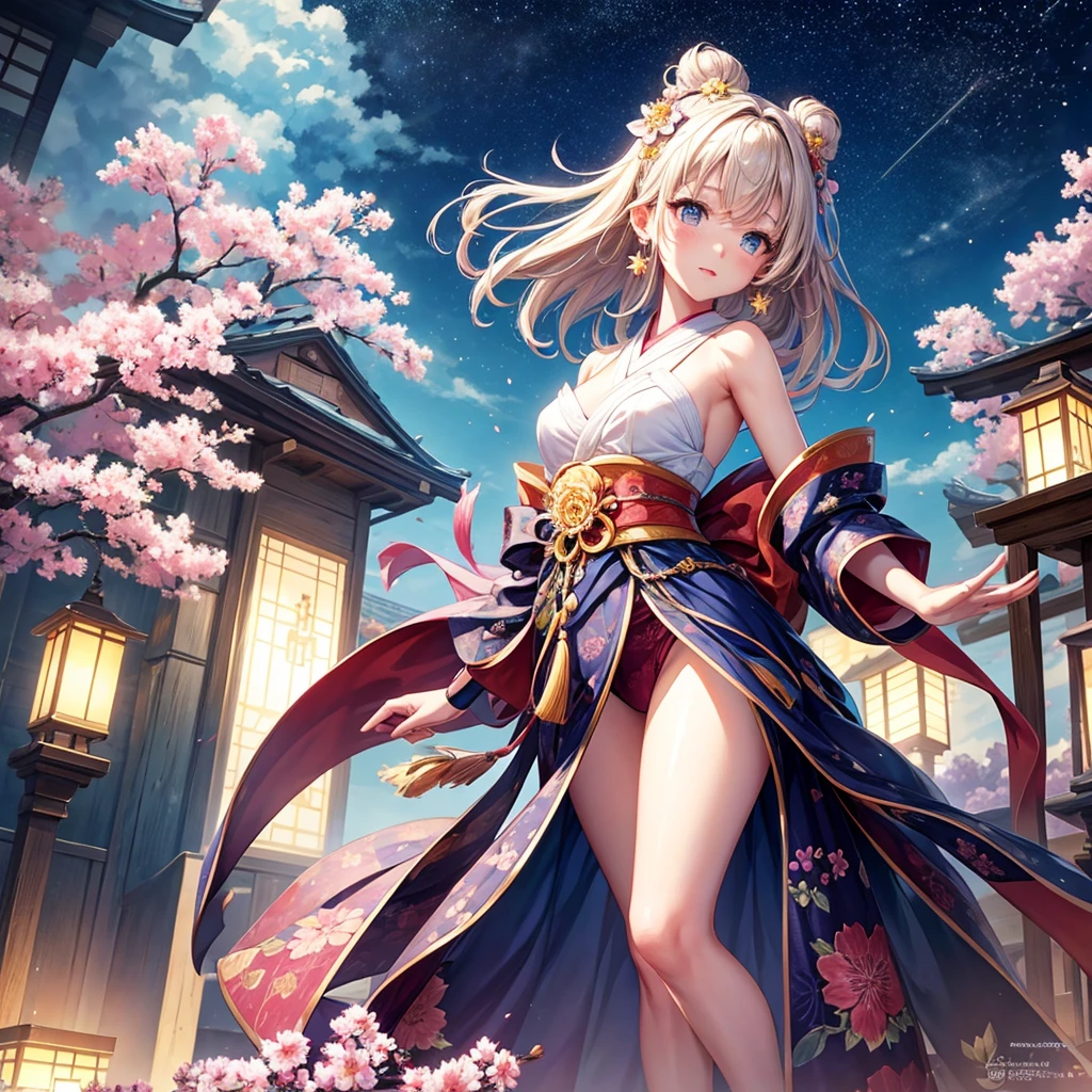 of the highest quality, high_resolution, Distinct_image, transparent backround, girl, flower, garden, Starry sky, Beautiful woman with gentle and attractive Japan, Double eyelids, Bright peach blossom eyes, Pink lips, small nose, Bare shoulders, Focused face, Face Close-up, The ultra -The high-definition, Super Details, Elegant standing position