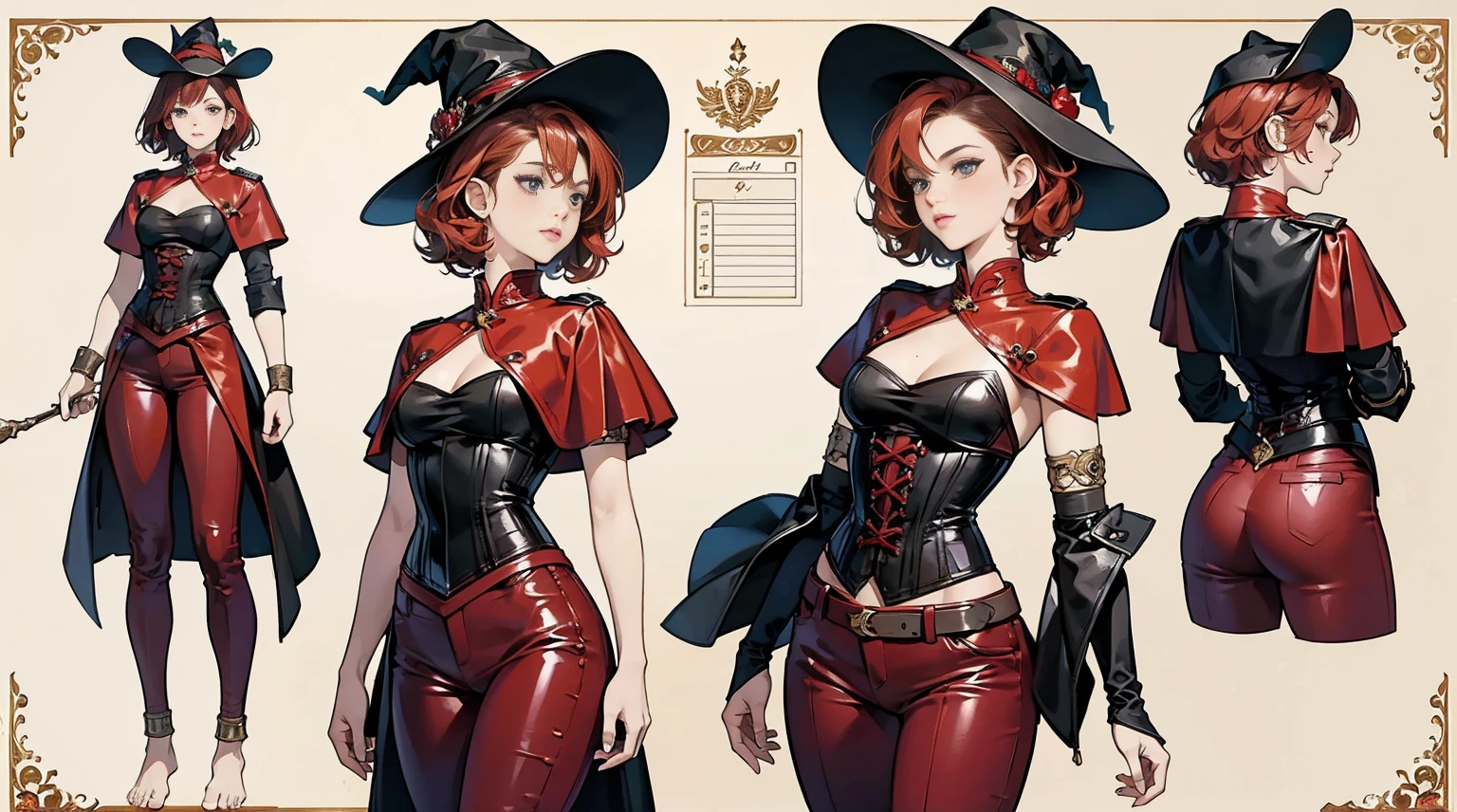 (Masterpiece, best quality), detailed, character sheet, different angles, young woman, short red curly hair, short hair, black metallic corset, red leather pants, barefoot, armlet, anklet, black witch hat