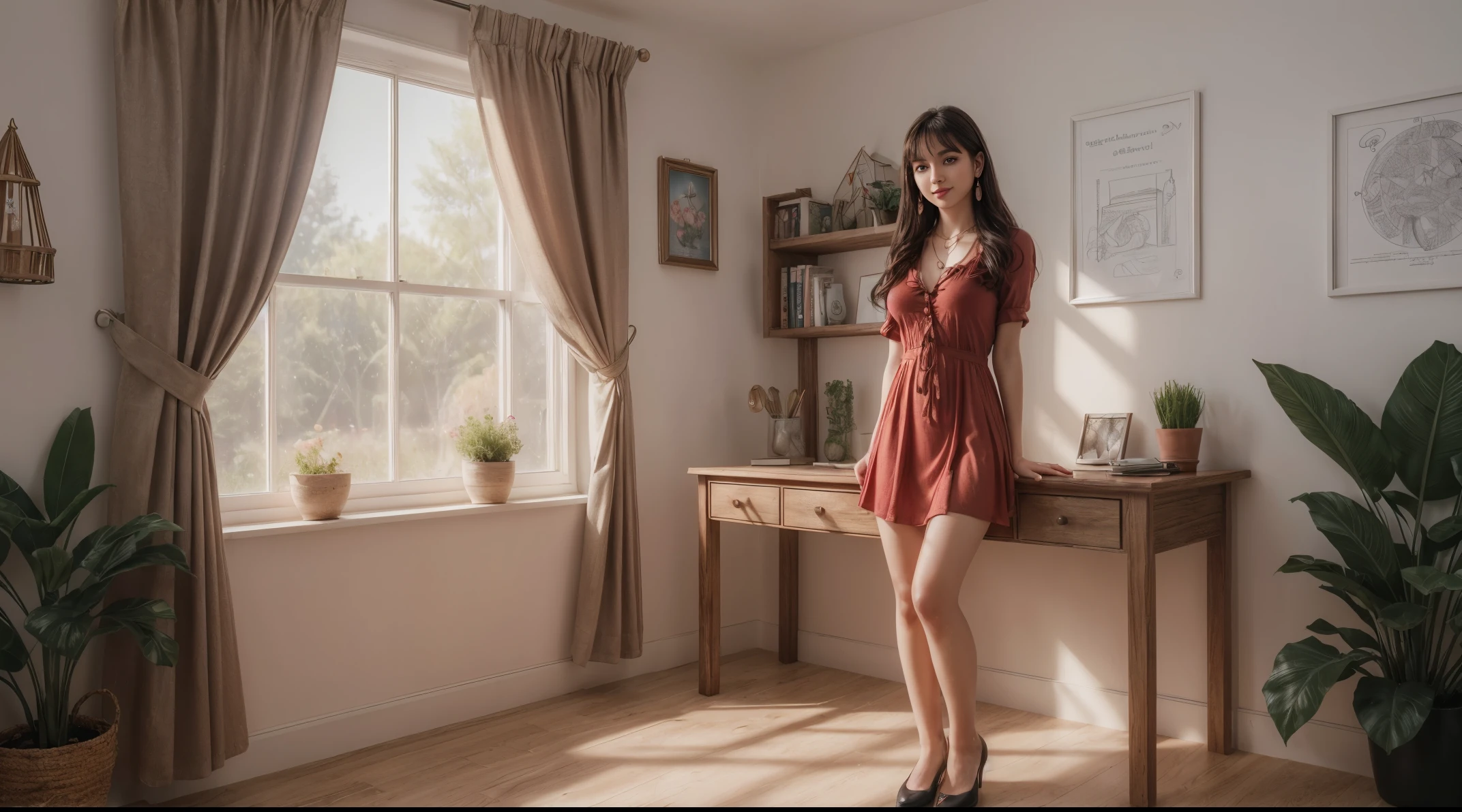 8k, masterpiece, RAW photo, best quality, photorealistic, extremely detailed CG unity 8k wallpaper, Depth of field, Cinematic Light, Lens Flare, Ray tracing, (extremely beautiful face, beautiful lips, beautiful eyes), intricate detail face, ((ultra detailed skin)) 1girl, ars old, studying in her aesthetic room, deep shadow, [Raiana-Elizabeth-Dilla], pretty girl, (very slim slender fit-muscled body:1.3), ((looking at viewer)),(big smile:1), (sexy ((ultra-short ((red:1.3)) bohemian-style mini-shirt-dress, traditional fashion),(without people in the background:1.3), girl studying in her aesthetic room, cozy atmosphere, natural lighting, vintage furniture, inspiring quotes on the walls, plants and flowers on the windowsill, warm color palette, soft and comfortable seating area, beautiful artwork on the walls, dainty desk accessories, organized bookshelves, a cup of coffee on the table, dreamy curtains, fairy lights, motivational books and stationery, a cozy blanket, a laptop and notebooks on the desk, a peaceful and calm ambiance, serene music playing in the background. beautiful earrings, bracelets, necklace, clear eyes, (pale skin), (big eyeace forward, ((full body cinematic shot)), (black hairs), (looking at viewer:1.3) open breast, very slim, large breasts, touching the breast, highly detailed, ultra realistic,