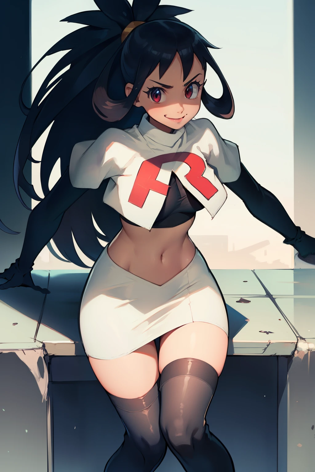 irisa, dark skin, glossy lips ,team rocket,team rocket uniform, red letter R, white skirt,white crop top,black thigh-high boots, black elbow gloves , looking at viewer, evil smile