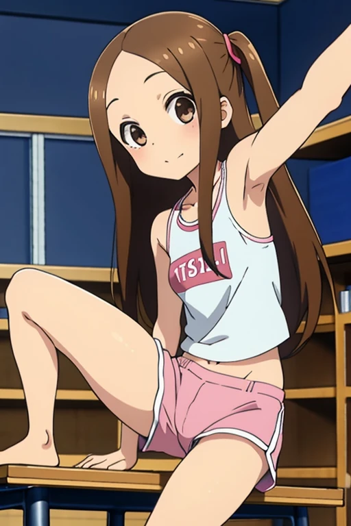 (actual),(realisticlying),Takagi_mulberry, 1 girl in, Height 155 cm,long whitr hair, Brown hair, Partial bangs, Brown eyes,White cropped top,饱满的The large腹部）,Pink training shorts,black sneaker shoes,forehead,ssmile, looking at viewert,On the table,The large,full bodyesbian, Best quality at best, volumatic optic, optic线追踪,Extremely detailed CG unity 8k wallpaper,ssmile,The background is a dance studio, optic, fanciful,magic sparks,