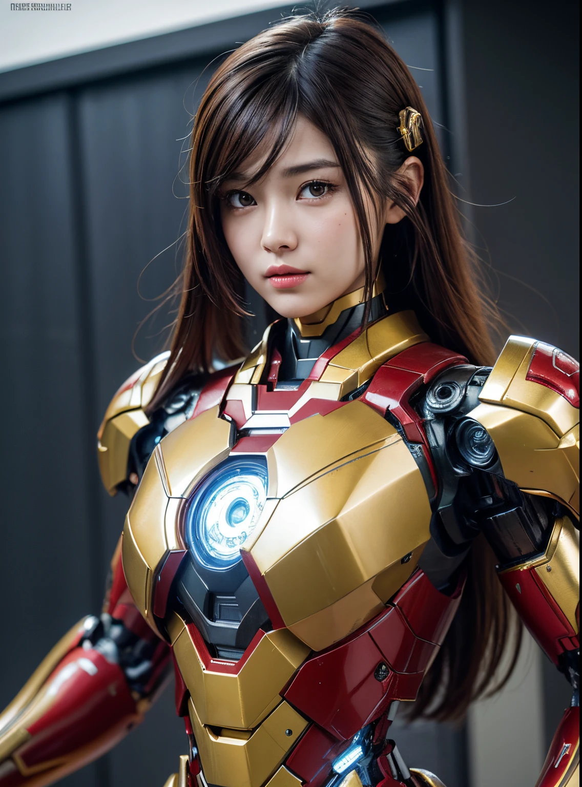 Textured skin, Super Detail, high details, High quality, Best Quality, hight resolution, 1080p, hard disk, Beautiful,(Iron Girl),beautiful cyborg woman,Mecha Cyborg Girl,Battle Mode,Girl with a Mecha Body,She wears an Iron Man mech,fully body photo