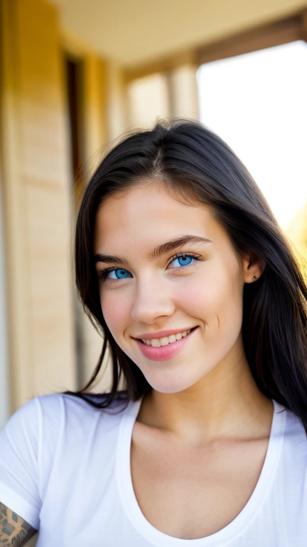 16 years old, Remi Lacroix, Jessa Rhodes, fake round breasts, white t-shirt, face focus, (blue eyes) , (black hair) , (huge fat lips:1.1) , lip fillers, flirt smile, soft light,
