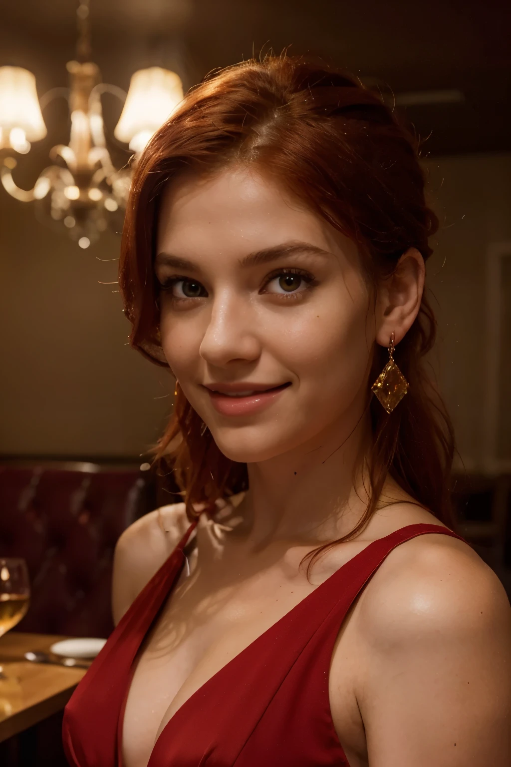 girl wearing a a red dress in a restaurant, red hair, yellow eyes, crystal earrings, light smile, seductive smile, high detail, modern, Romanticism, Realism, cinematic lighting, close-up, UHD, retina, masterpiece, ccurate, anatomically correct, high quality, award winning, best quality, highres, 8k