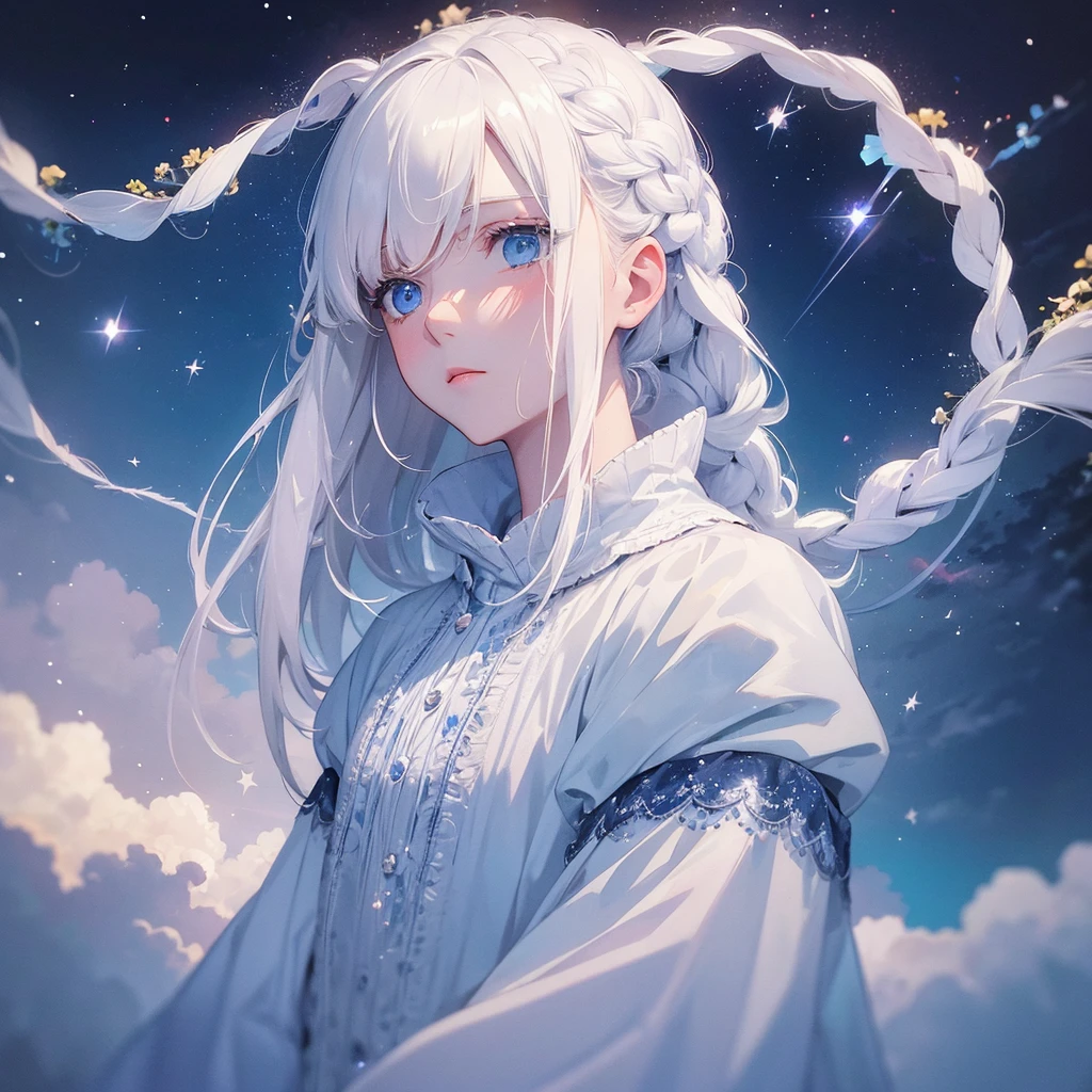White hair, blue eyes, watercolor painting, sad, beautiful, starry sky, girl, alone, looking up, fleeting, beautiful