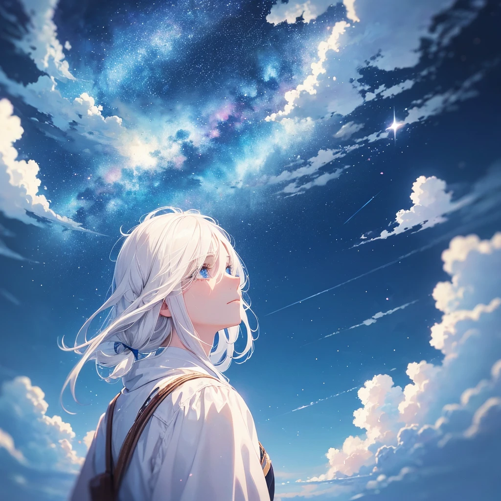 White hair, blue eyes, watercolor painting, sad, beautiful, starry sky, girl, alone, looking up, fleeting, beautiful