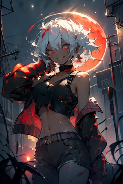 Christmas T7 tomato_741#0 1girl, dark skin, at midnight, , solo, night, ((bloody christmas)), black hot pants, black crop top, (((santa jacket))), Short hair, (floating hair), navel, red eyes, off shoulder, choker, evil grin, jewelry, looking at viewer, earrings, , white hair, cleavage, evil smile, midriff,  shoulders, collarbone, sleeveless, tanned skin, shiny body, shiny skin, darkness, light rays, sparkle, dark skin, at midnight, heavy blood rain, return blood, glowing red eyes, night, ((blood)), blood splatter, gang, Blood Splash, horror, (((glowing red moon))), blood rain, dark, , ((red moon)), bathe in blood, blood is falling, blood on body, blood on face, blood flying, bathe in blood, bloody, gang girl, (((christmas tree))), ((glow light:1.4)), ((lens flare:1.4)), ((light particles:1.4)), ((iridescent light:1.3)), (bokeh:1.2), gift box, ((chrismas snow)), lamppost, ((snow)), ((christmas)), (((red sclera))), (((((low angle))))), (professional lighting), (((((from below))))), (((((sleeves past wrists))))), ((((crazy smile)))),