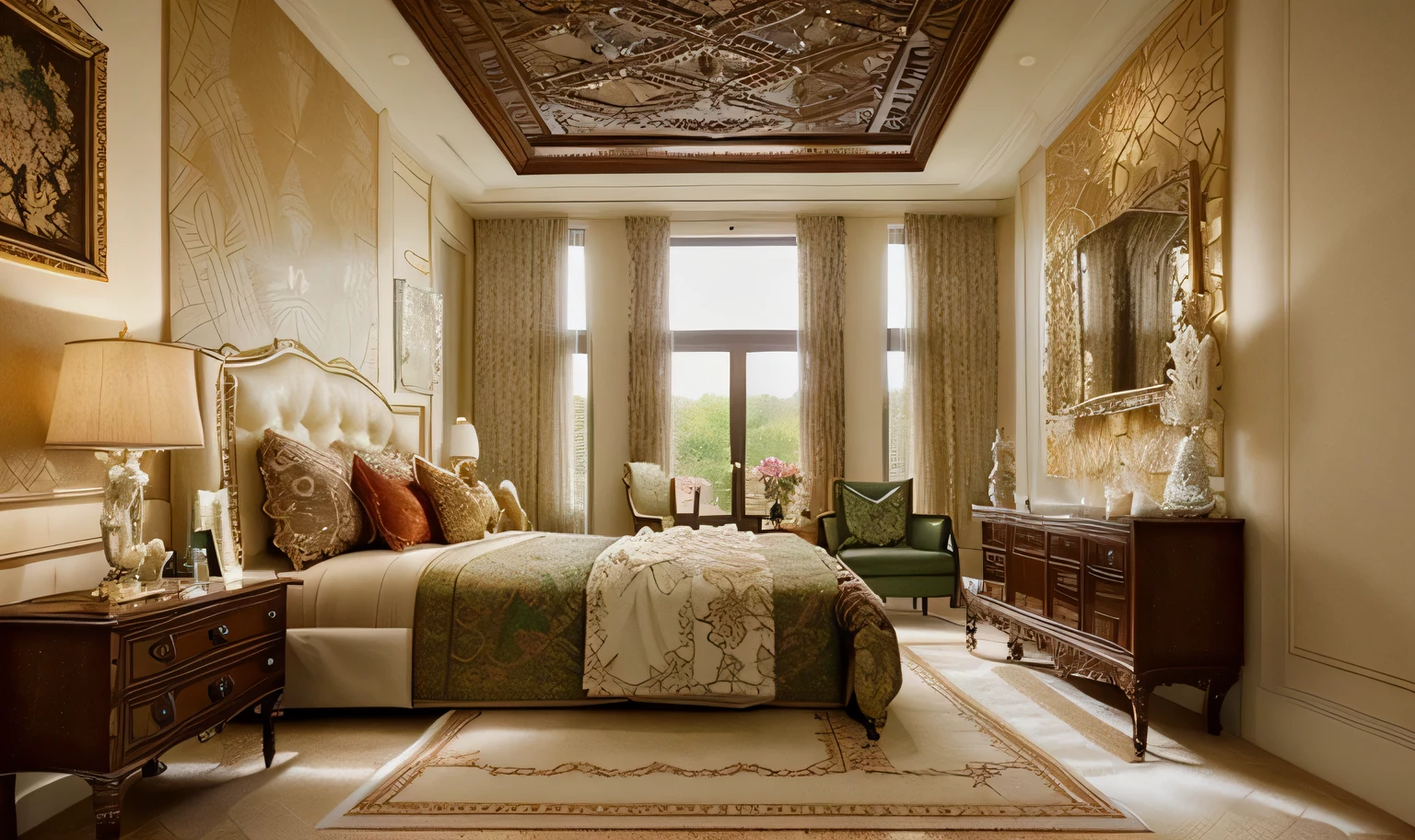 The ceiling is designed to be high and embellished with traditional details such as floral patterns, creating an elegant and charming atmosphere. The main wall often utilizes deep colors like red, dark green, or brown to accentuate the space. Classic paintings, fabric panels, or antique mirrors hung on the wall also add sophistication and refinement. The furniture comprises sofas and cushioned chairs crafted from premium materials and adorned with traditional floral patterns. A luxurious wooden coffee table with exquisite details or intricately carved floral motifs is chosen. Seating areas are creatively arranged to offer both comfort and functionality to the occupants. Natural light is embraced through large windows, creating a magnificent natural tableau within the room. Ornate chandeliers or decorative lights with a classic design, such as crystal pendant lamps or chandeliers, serve as focal points, enhancing the room's opulent beauty. Additionally, the use of decorative items like throw pillows, area rugs, or traditional patterned décor elements such as antique ceramics, handmade crafts further enriches the beauty and complexity of the living room space.