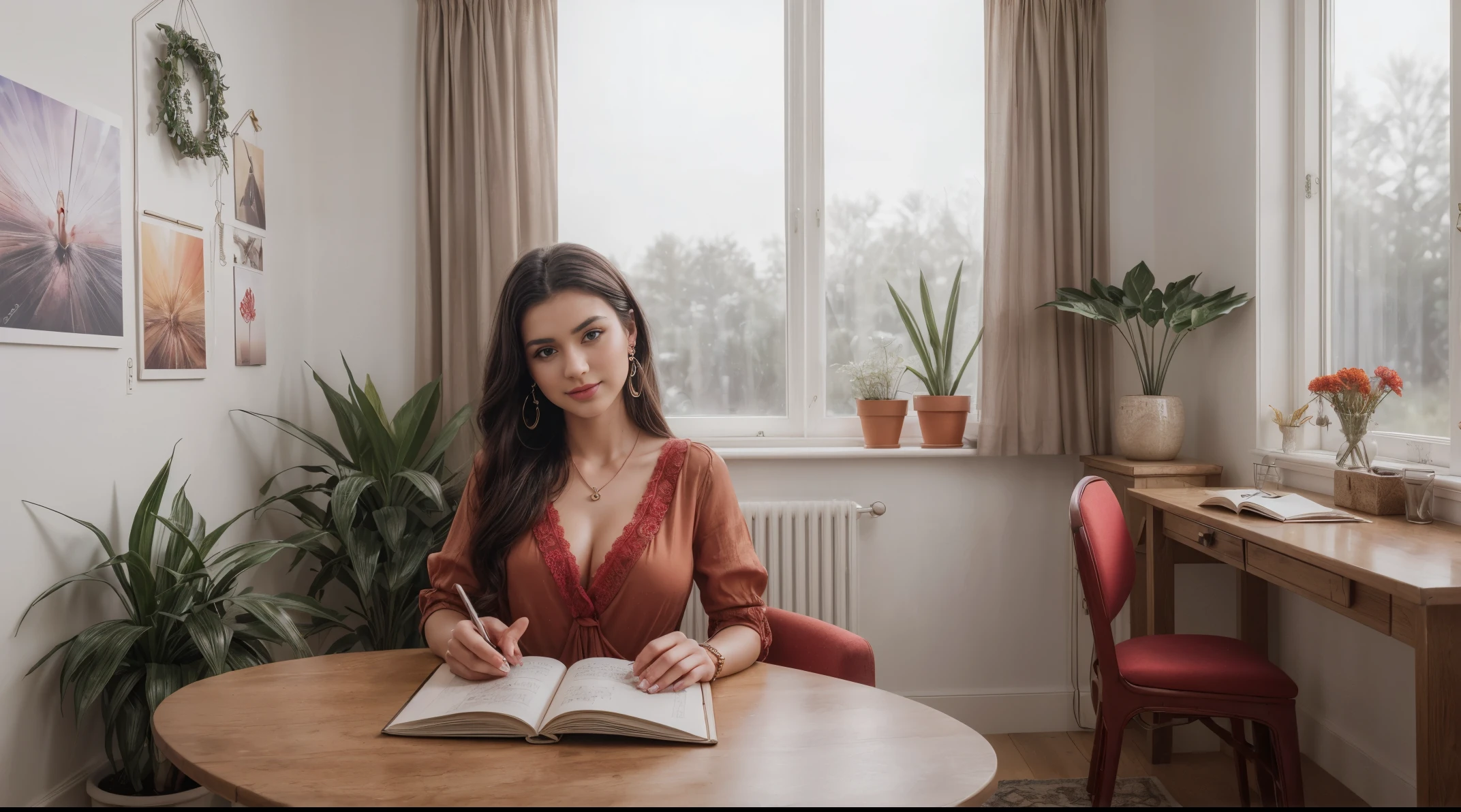 8k, masterpiece, RAW photo, best quality, photorealistic, extremely detailed CG unity 8k wallpaper, Depth of field, Cinematic Light, Lens Flare, Ray tracing, (extremely beautiful face, beautiful lips, beautiful eyes), intricate detail face, ((ultra detailed skin)) 1girl, 17years old, studying in her aesthetic room, deep shadow, [Raiana-Elizabeth-Dilla], pretty girl, (very slim slender fit-muscled body:1.3), ((looking at viewer)),(big smile:1), (sexy ((ultra-short ((red:1.3)) bohemian-style mini-shirt-dress, traditional fashion),(without people in the background:1.3), girl studying in her aesthetic room, cozy atmosphere, natural lighting, vintage furniture, inspiring quotes on the walls, plants and flowers on the windowsill, warm color palette, soft and comfortable seating area, beautiful artwork on the walls, dainty desk accessories, organized bookshelves, a cup of coffee on the table, dreamy curtains, fairy lights, motivational books and stationery, a cozy blanket, a laptop and notebooks on the desk, a peaceful and calm ambiance, serene music playing in the background. beautiful earrings, bracelets, necklace, clear eyes, (pale skin), (big eyeace forward, ((full body cinematic shot)), (black hairs), (looking at viewer:1.3) open breast, very slim, large breasts, touching the breast, highly detailed, ultra realistic,