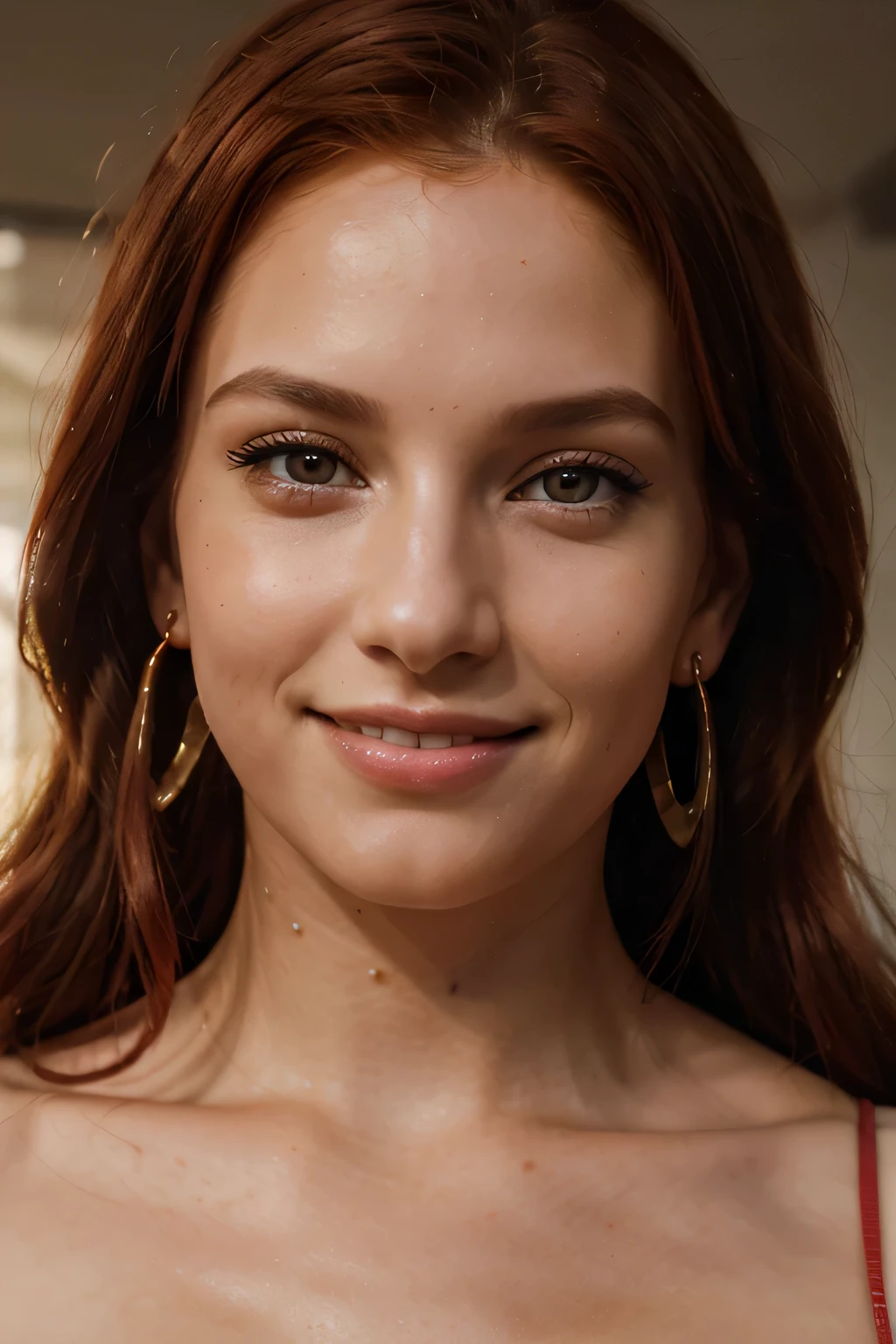 girl close up photo for id, red hair, yellow eyes, crystal earrings, light smile, seductive smile, high detail, modern, Romanticism, Realism, cinematic lighting, close-up, 35mm, UHD, retina, masterpiece, ccurate, anatomically correct, high quality, award winning, best quality, highres, 8k