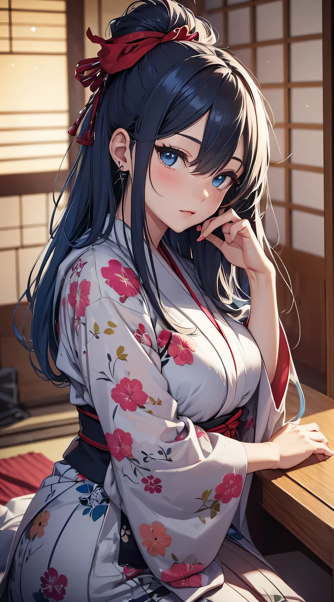 top-quality、Top image quality、masterpiece、teens girl((18year old、 Ager、Best Bust、Medium bust,wide open breast tea、light blue eyerest, Black and light blue hair、A slender,Large valleys、dye one's cheeks red、disheveled black yukata、Sit up、Being drunk、Bright red in the face、Disturbed pose、sexypose、seductiv)),hiquality、Beautiful Art、Background with((Ryokans in Japan、Night Hostel、Ryokan rooms、Tatami mats、Sake))、masutepiece、depth of fields、movie、