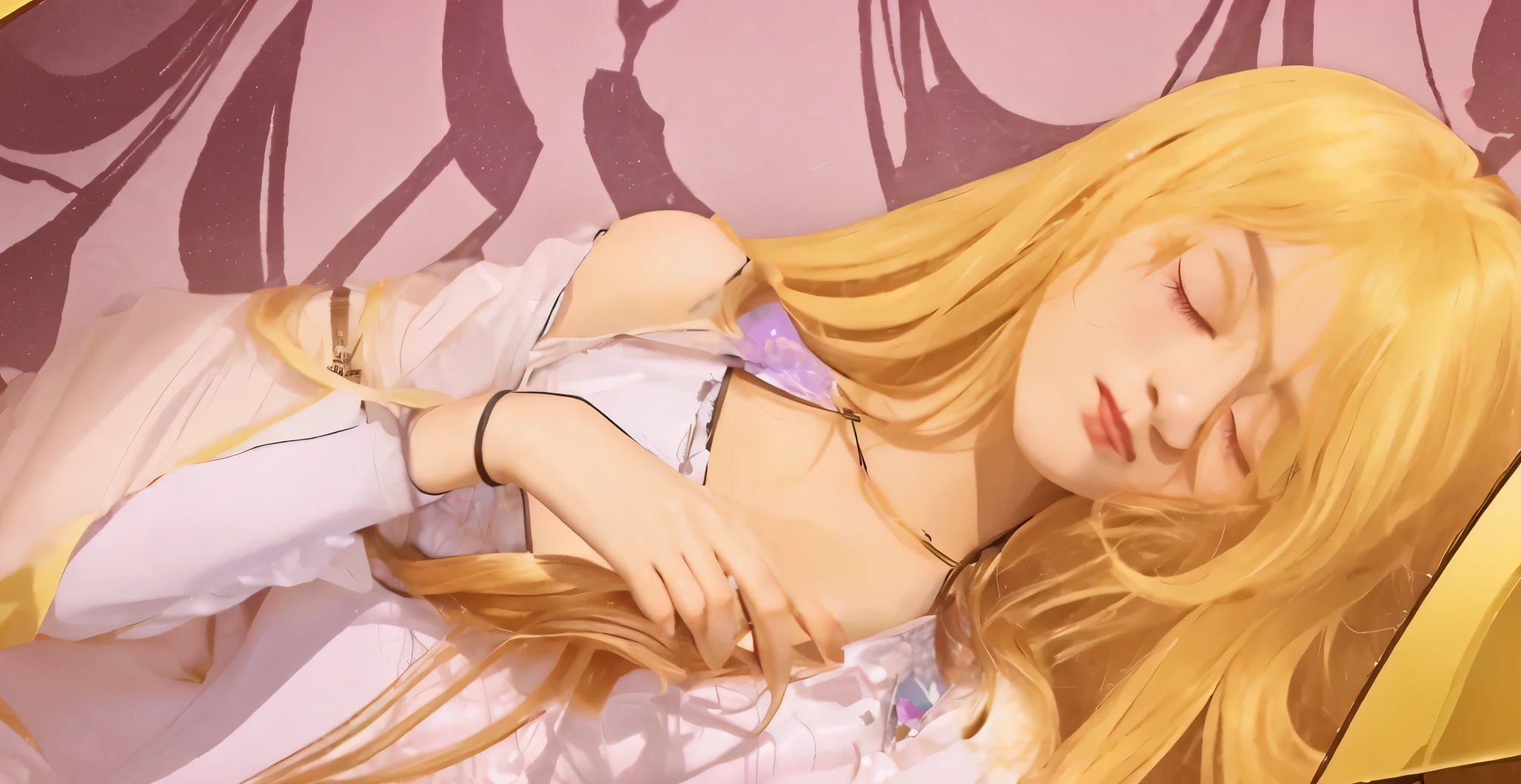 The closed eyes are long and wide.、lashes are long、reach blonde hair、The thin thread that reaches the hand is not drawn.、Shoulder design of left and right clothes、Shoulder skin exposed。