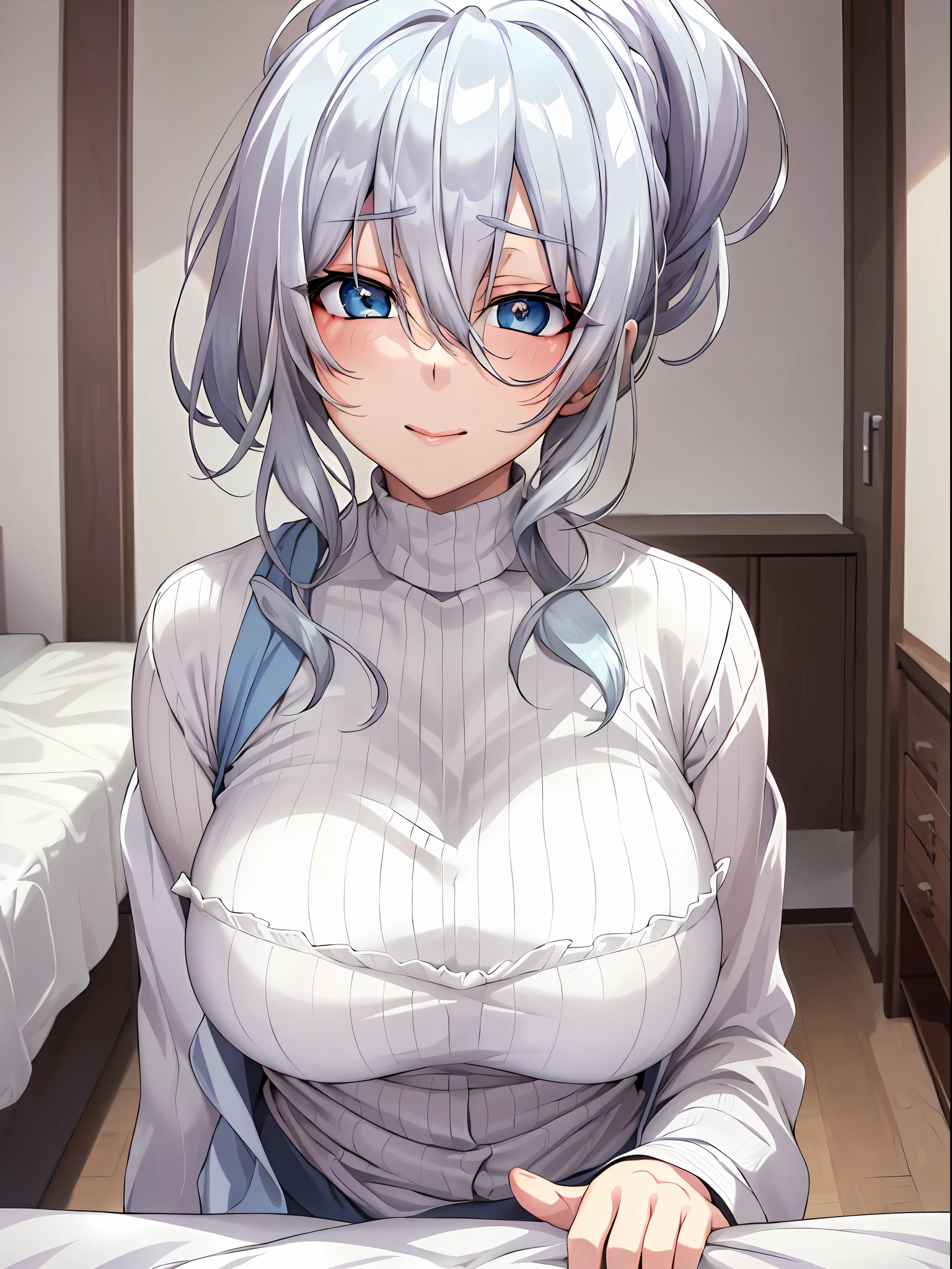 Best quality at best, 8K, on top of the bed, silber hair, white  shirt，no brassiere, Anime visuals of a cute girl, Cute emoji face, Still from anime, Bigchest, Horny face