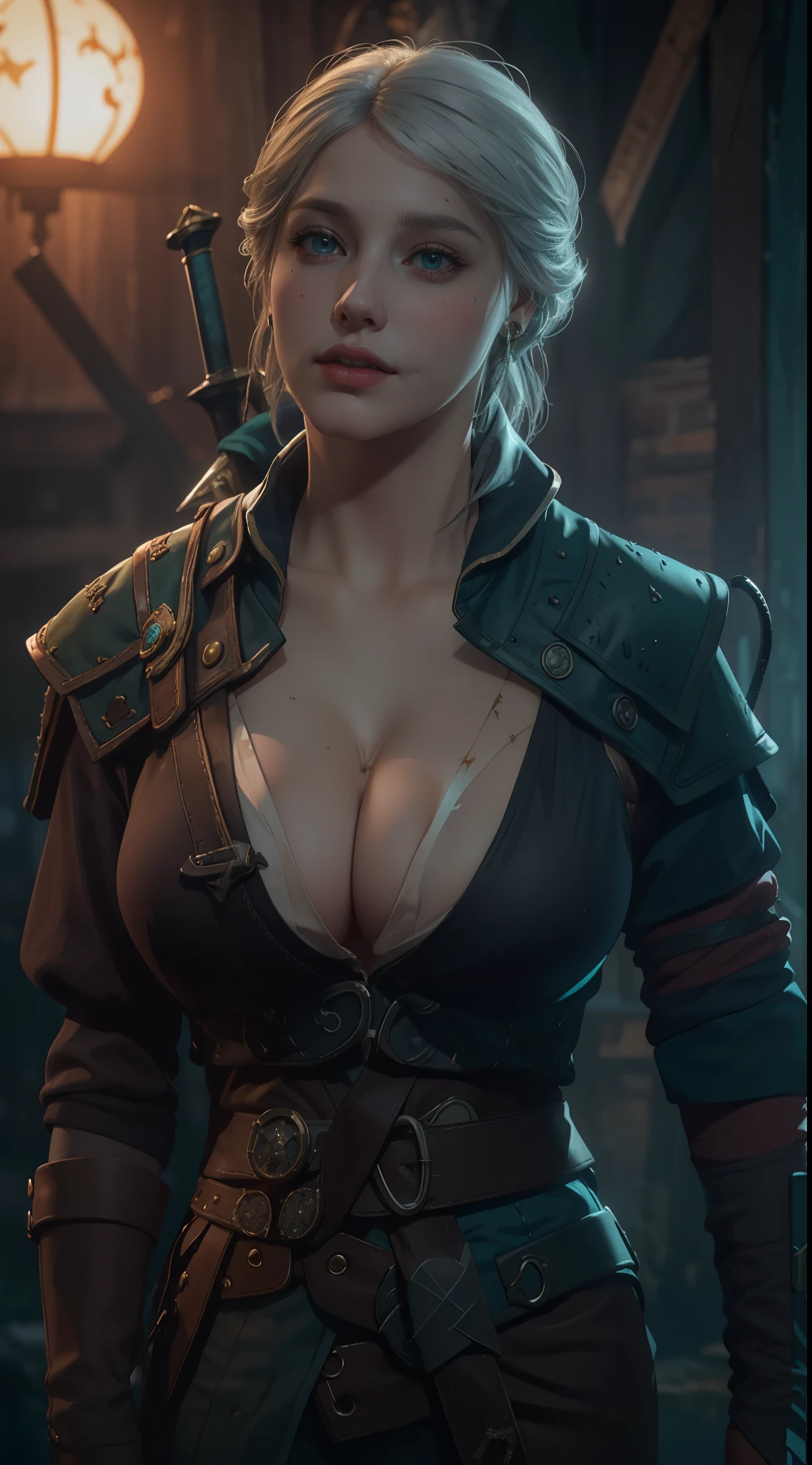 (masterpiece:1.3), (8k, photorealistic, RAW photo, best quality: 1.4), (1girl), (((Ciri from Witcher 3 with massive breasts))), overflowing cleavage, buttons straining, breast expansion,beautiful face, (realistic face), beautiful white hair, realistic green eyes, beautiful detailed green eyes, (realistic skin), beautiful skin, (sweater), absurdres, attractive, ultra high res, ultra realistic, highly detailed, golden ratio, deep cleavage, sword hilt, ((facial curved scar left cheek)), ((hilt of sword Zireael)),