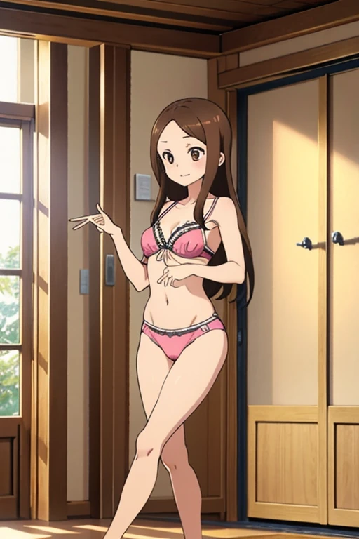 (Best Quality, Masterpiece),sexy,  erotic, 1girl, 18 years old, Contempt, pride, brown hair, looking up, (( smile)), ((small breasts)), bikini, ((classroom)), breast grab