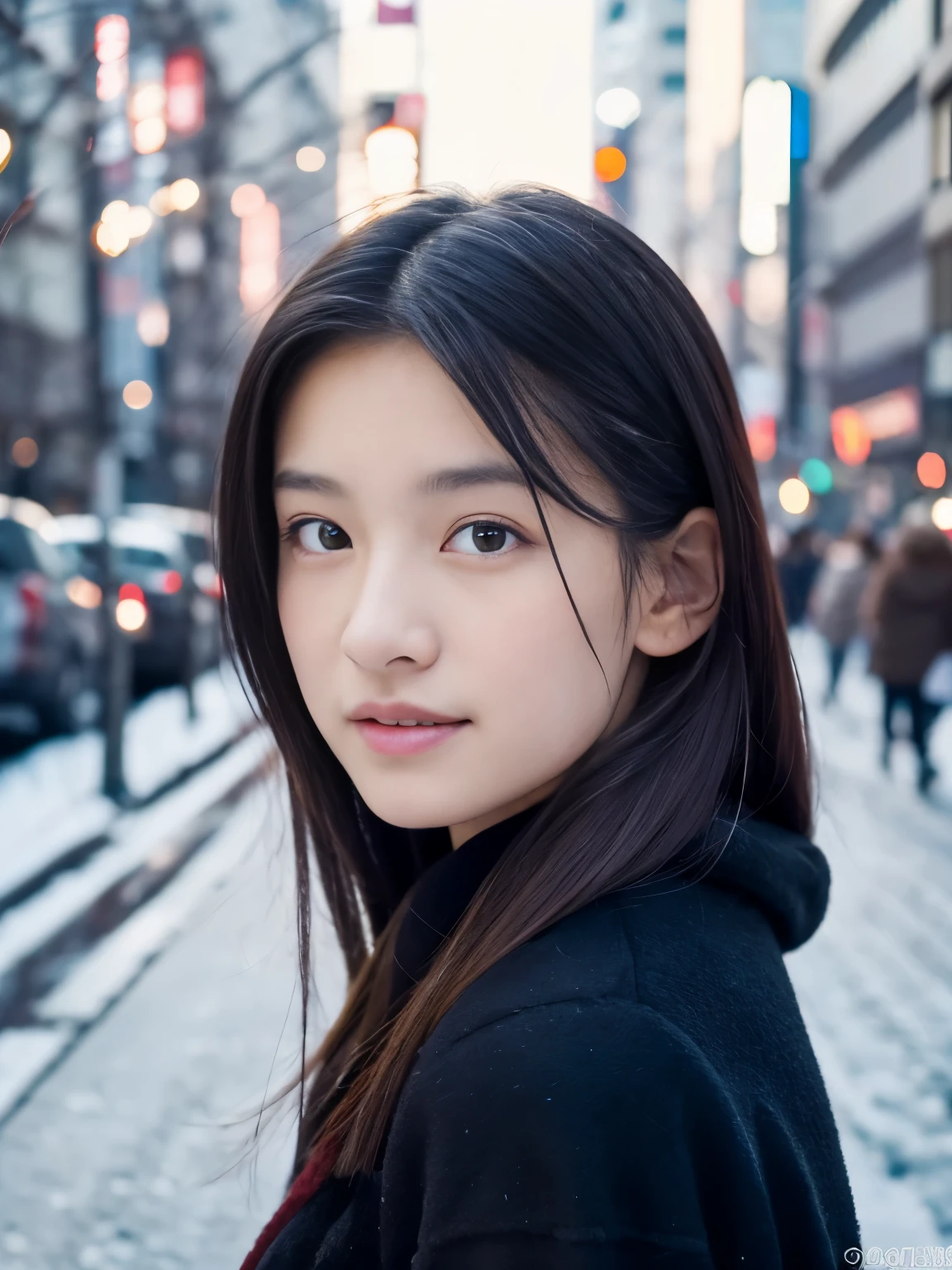 Photorealsitic, 8k full-length portraits, Beautuful Women, A charming expression, sixteen years old, TOKYOcty, Winters, Shibuya in the background