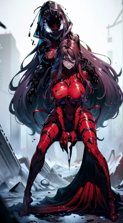 a beautiful woman,(Fusion with symbiote:1.3),The perfect symbiote,Tall guy,legs long,long and flowing hair,完美的big breasts body,big breasts body,性感的big breasts body,big plump breasts,Plump buttocks,Slender legemale carnage:1.9),(Tentacle wrapping:1.8),(Full body covered with symbiote patterns:1.5),(红色Symbiote whole body紧身衣:2.0),High heeled beauty,Perfect facial features,is a perfect face,delicated face,beautidful eyequisite Eyeinely quality eyes,(Systemic symbionts:1.8),(Symbiote whole body:1.8),(Full body red symbiote skin:1.9),Scarlet all over,dentes pontiagudos,Hands are very thin,perfect hand,sharp talons,red - eyed,perfectquality,Perfect painting,Number of works,truly a masterpiece,Highest resolution,Just the right lighting,perfect detail,standing on your feet,Full body like,SVSC