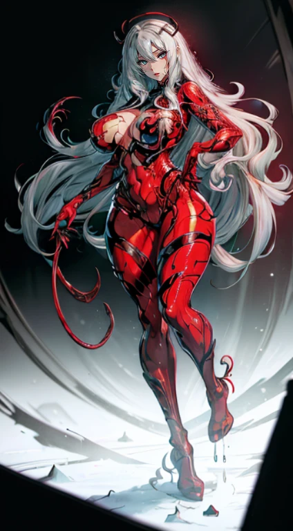 a beautiful woman,(Fusion with symbiote:1.3),The perfect symbiote,Tall guy,legs long,long and flowing hair,完美的big breasts body,big breasts body,性感的big breasts body,big plump breasts,Plump buttocks,Slender legemale carnage:1.9),(Tentacle wrapping:1.8),(Full body covered with symbiote patterns:1.5),(红色Symbiote whole body紧身衣:2.0),High heeled beauty,Perfect facial features,is a perfect face,delicated face,beautidful eyequisite Eyeinely quality eyes,(Systemic symbionts:1.8),(Symbiote whole body:1.8),(Full body red symbiote skin:1.9),Scarlet all over,dentes pontiagudos,Hands are very thin,perfect hand,sharp talons,red - eyed,perfectquality,Perfect painting,Number of works,truly a masterpiece,Highest resolution,Just the right lighting,perfect detail,standing on your feet,Full body like,SVSC