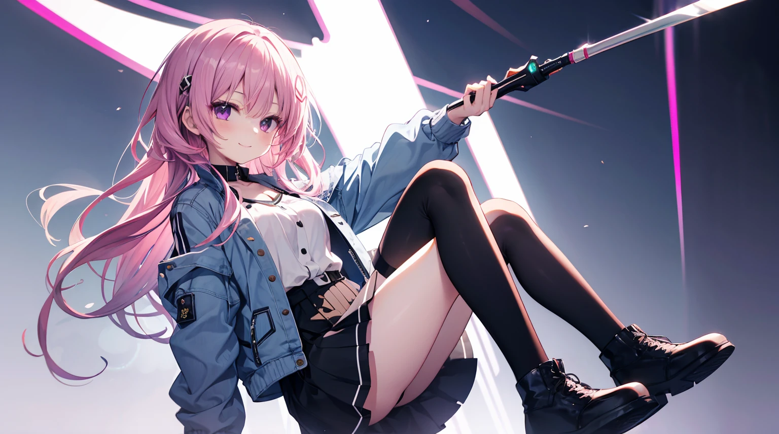 one-girl,soio,Pink Long Hair,Medium-hair long,dishiveredhair,Purple eye,gently smiling, backdrop,Anime style 4k,Blue long sleeve faux denim bomber jacket,white blouse,Black vertical striped skirt,Short black socks,gray overboots ,,Mitsukasa Ayase