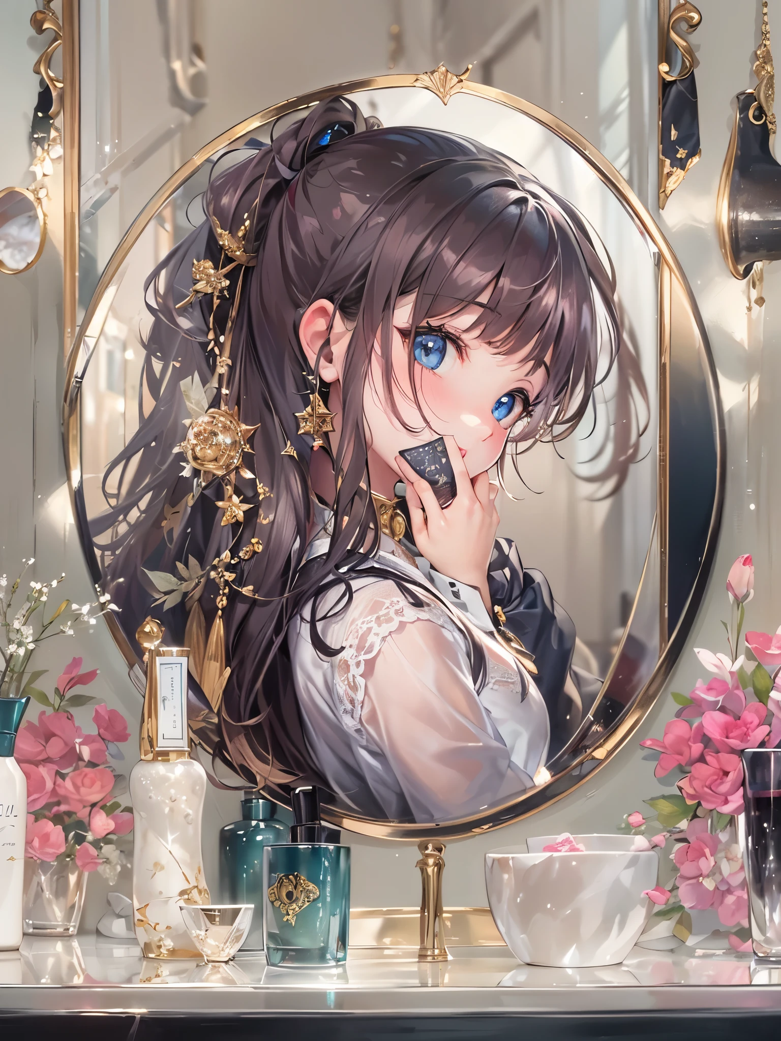 ((Finest quality)),(超A high resolution),(ultra-detailliert),(Meticulous portrayal),((Best CG)),(Finest works of art),Ultra-Precision Art,The art of astounding depiction,(Art with precise depiction in every detail:1.5), (1人の女性:1.6),((The girl whose eyes meet my reflection in the mirror:1.6)),Beautiful and well-groomed face,Light makeup,