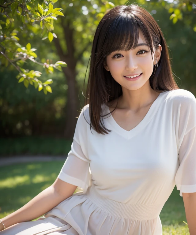 A 40-year-old woman、Komono、a park、beautiful thigh、Movie Lighting、high detailing, depth of fields, 135 mm, Hasselblad, nffsw, masutepiece, tre anatomically correct, Textured skin, Super Detail, high details, High quality, awardwinning, Best Quality, hight resolution, retinas, ccurate、de pele branca,a smile