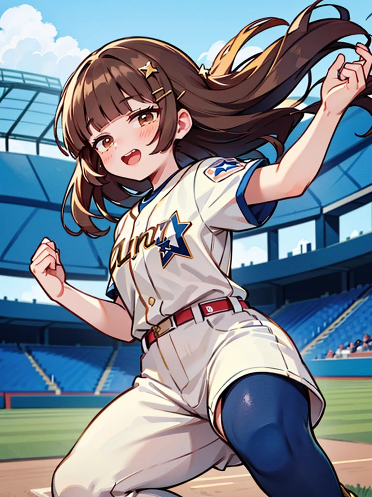 1 beautiful girl, (solo), wink, ((Blunt bangs)), brown hair, brown eyes, long hair, ((gold-star-hairpin on her right bang)), ((baseball uniform)), ((indigoblue stripe uniform)), YOKOHAMA TAIYO Whales, Uniform no.67, Left Wing Seats at the baseball stadium, jump up and down with excitement, high-kick, looking forward,